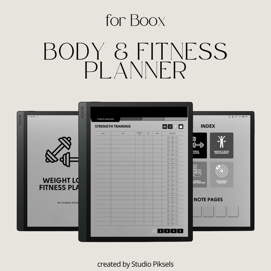 Hyperlinked Fitness and Health Planner for BOOX featuring workout logs, body measurement tracking, nutrition planning, habit trackers, and monochrome PDF layouts for e-ink devices.
