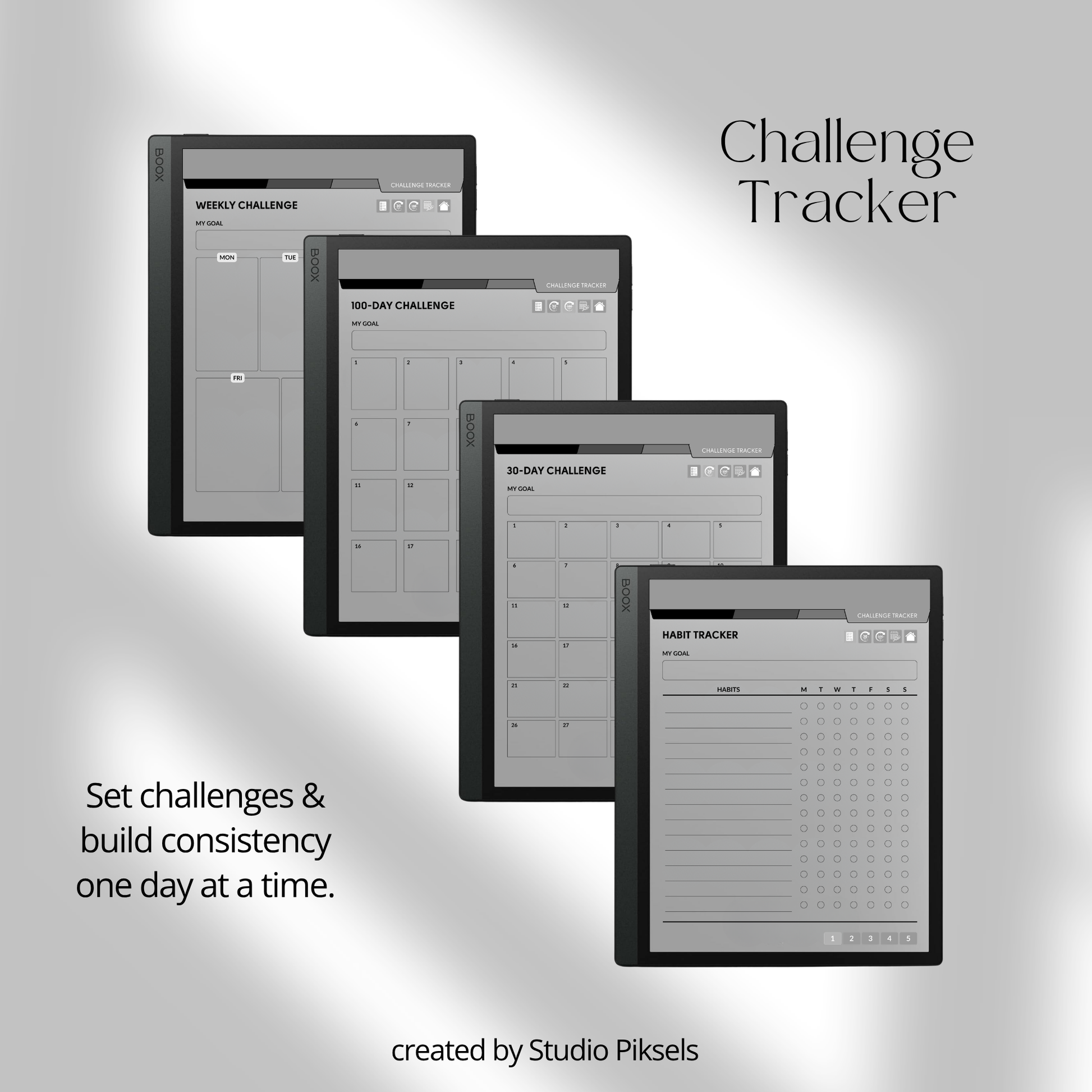 Hyperlinked Fitness and Health Planner for BOOX featuring workout logs, body measurement tracking, nutrition planning, habit trackers, and monochrome PDF layouts for e-ink devices.