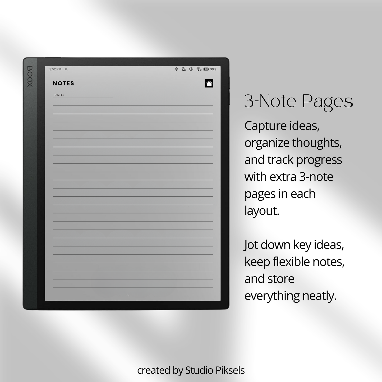 Hyperlinked Fitness and Health Planner for BOOX featuring workout logs, body measurement tracking, nutrition planning, habit trackers, and monochrome PDF layouts for e-ink devices.