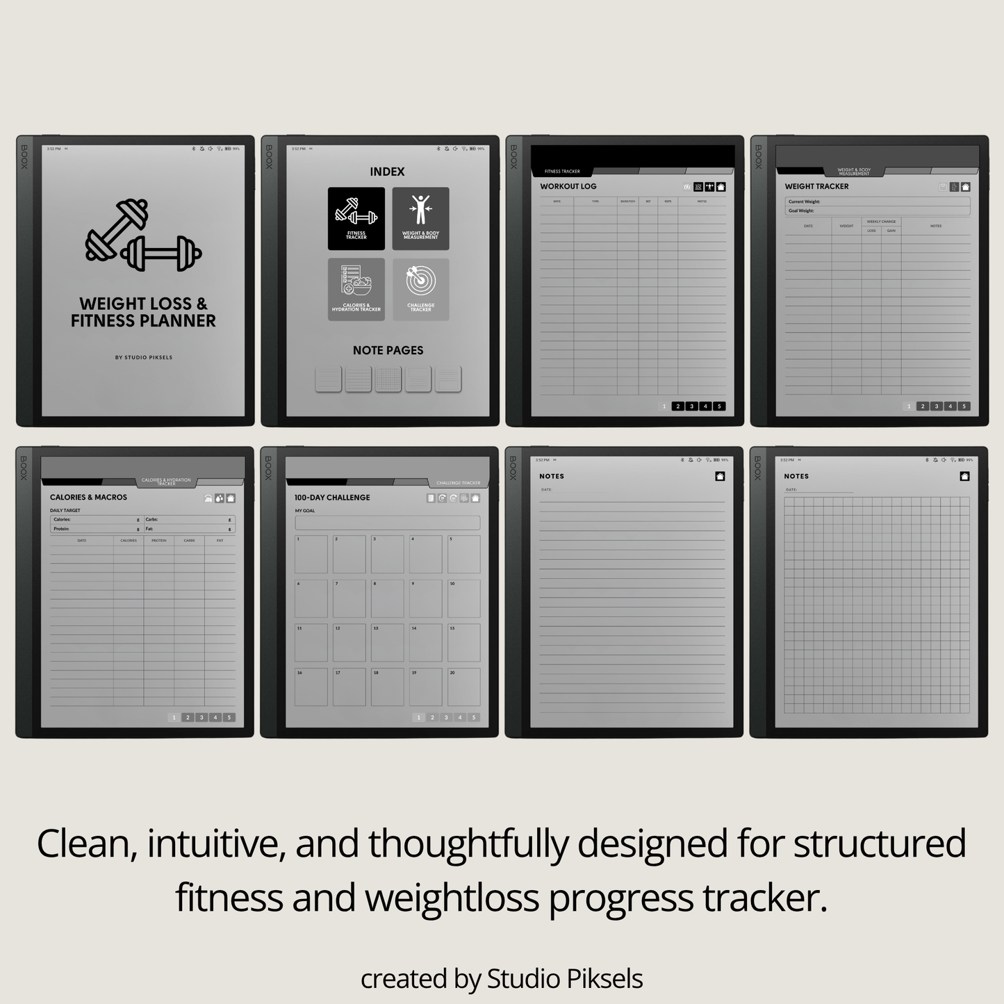 Hyperlinked Fitness and Health Planner for BOOX featuring workout logs, body measurement tracking, nutrition planning, habit trackers, and monochrome PDF layouts for e-ink devices.