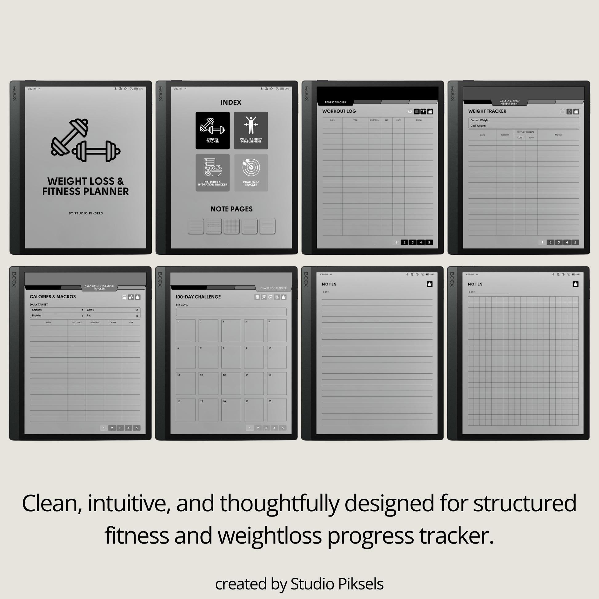 Hyperlinked Fitness and Health Planner for BOOX featuring workout logs, body measurement tracking, nutrition planning, habit trackers, and monochrome PDF layouts for e-ink devices.