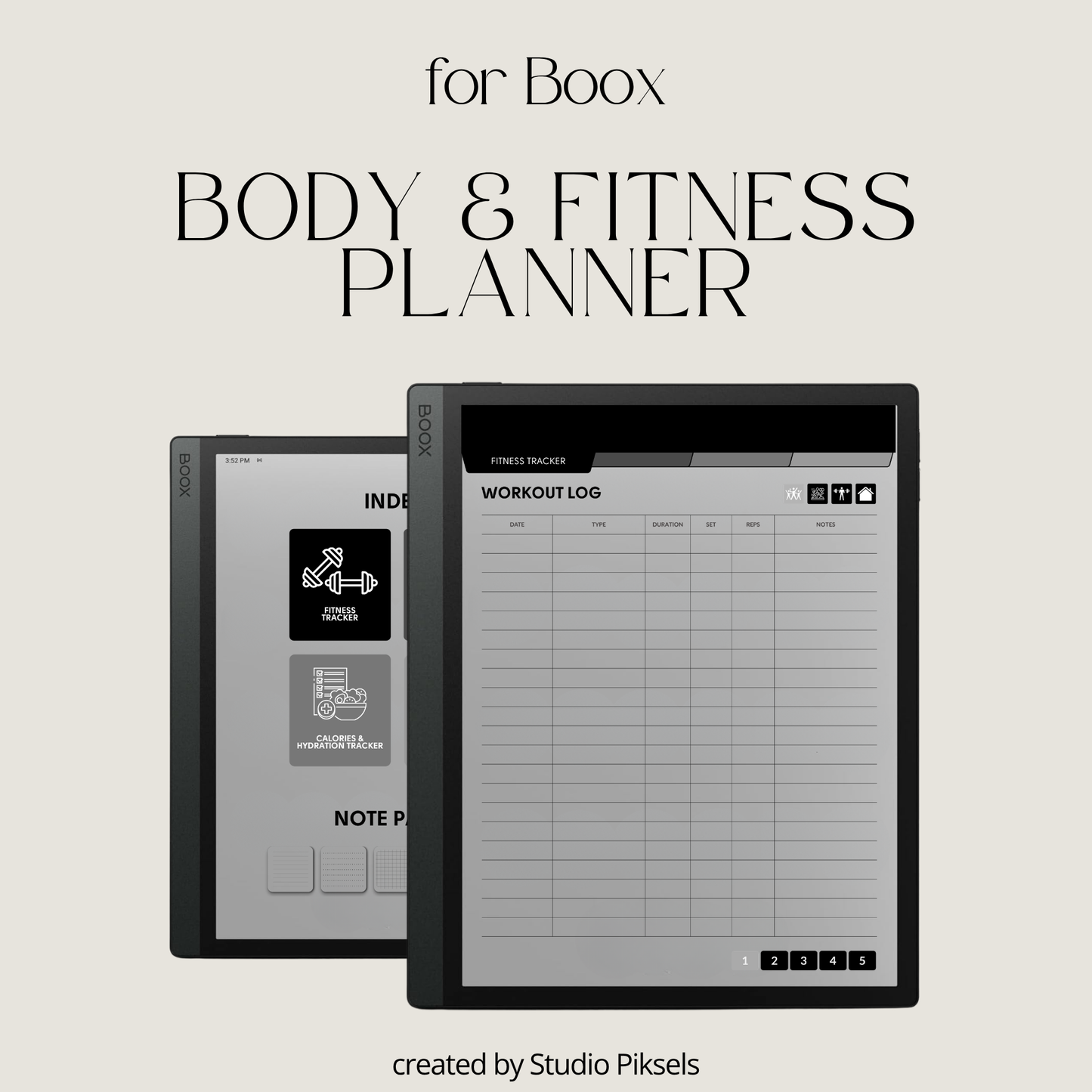 Hyperlinked Fitness and Health Planner for BOOX featuring workout logs, body measurement tracking, nutrition planning, habit trackers, and monochrome PDF layouts for e-ink devices.