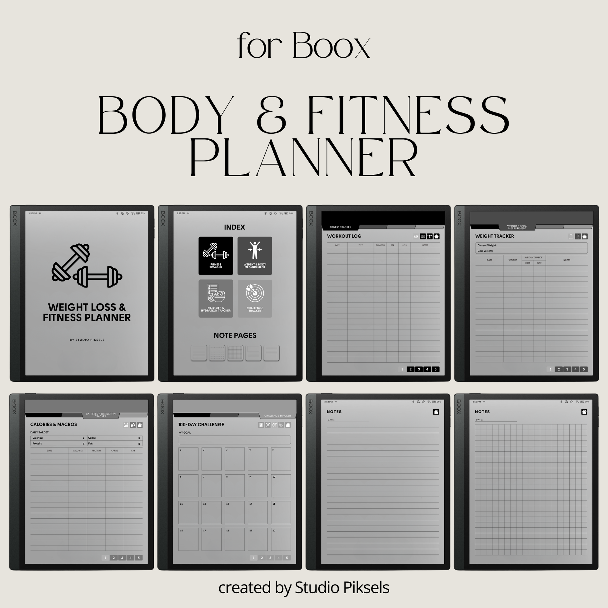 Hyperlinked Fitness and Health Planner for BOOX featuring workout logs, body measurement tracking, nutrition planning, habit trackers, and monochrome PDF layouts for e-ink devices.