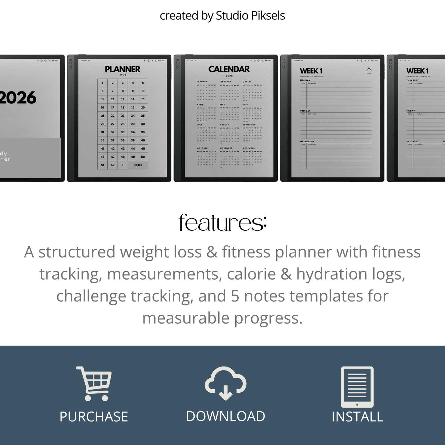 Hyperlinked Fitness and Health Planner for BOOX featuring workout logs, body measurement tracking, nutrition planning, habit trackers, and monochrome PDF layouts for e-ink devices.