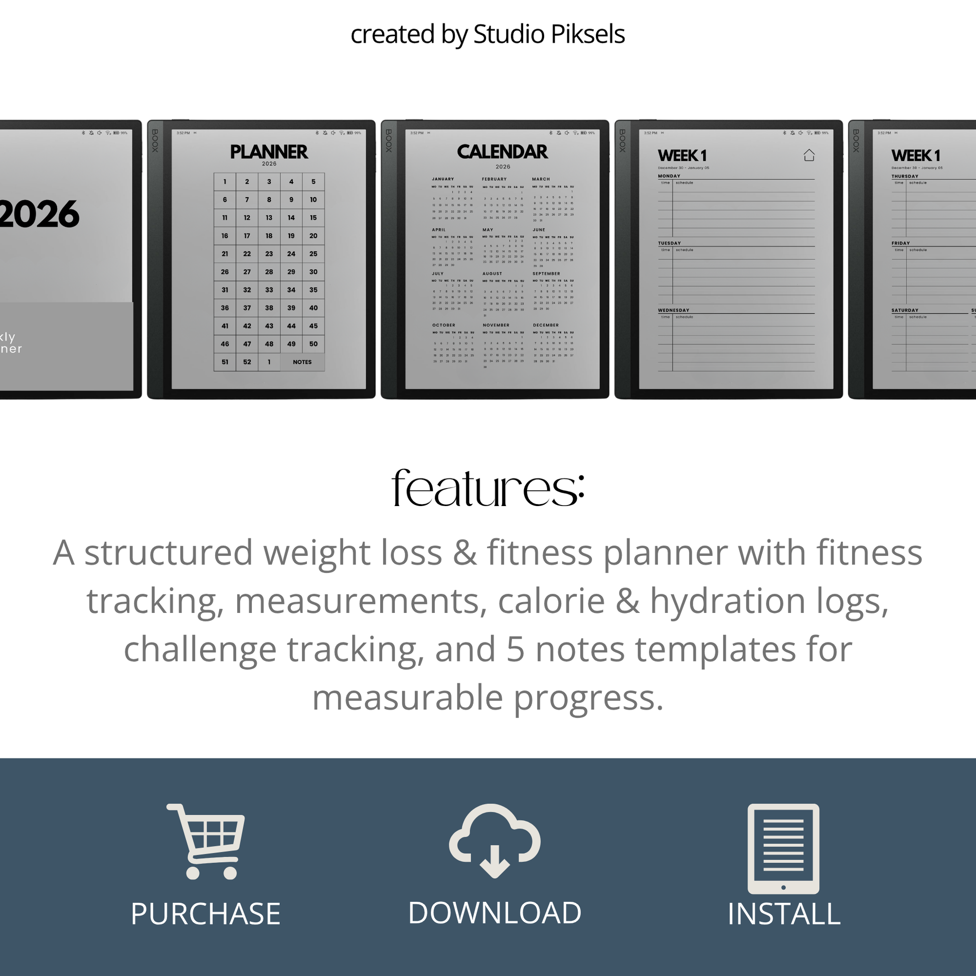 Hyperlinked Fitness and Health Planner for BOOX featuring workout logs, body measurement tracking, nutrition planning, habit trackers, and monochrome PDF layouts for e-ink devices.