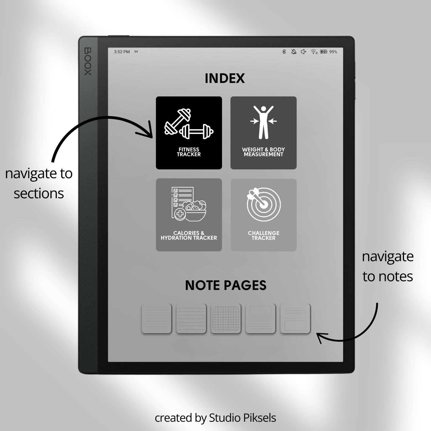 Hyperlinked Fitness and Health Planner for BOOX featuring workout logs, body measurement tracking, nutrition planning, habit trackers, and monochrome PDF layouts for e-ink devices.