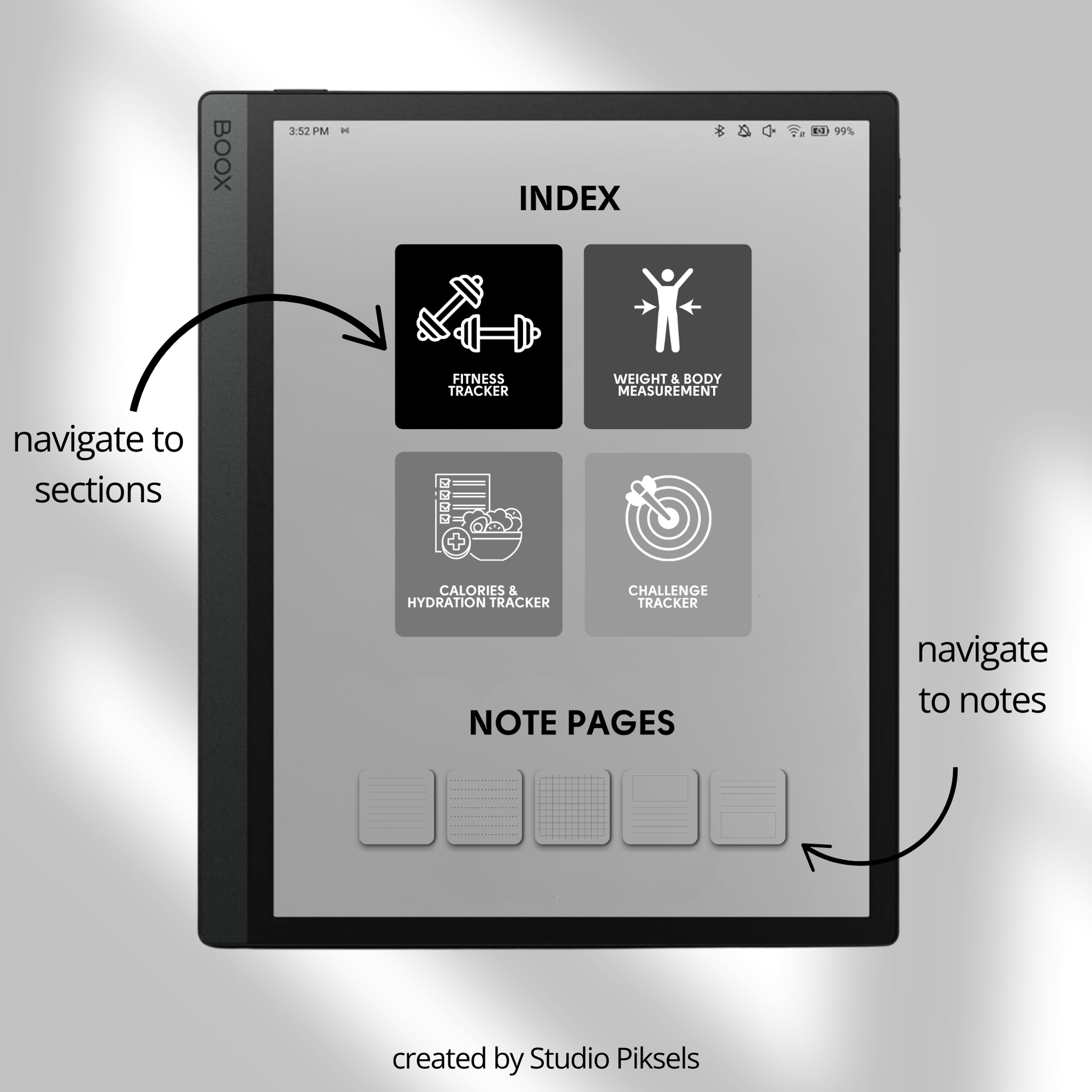 Hyperlinked Fitness and Health Planner for BOOX featuring workout logs, body measurement tracking, nutrition planning, habit trackers, and monochrome PDF layouts for e-ink devices.