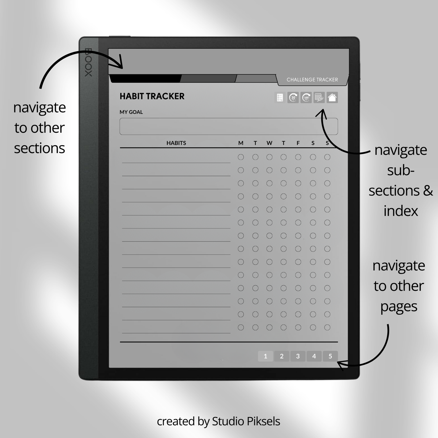 Hyperlinked Fitness and Health Planner for BOOX featuring workout logs, body measurement tracking, nutrition planning, habit trackers, and monochrome PDF layouts for e-ink devices.