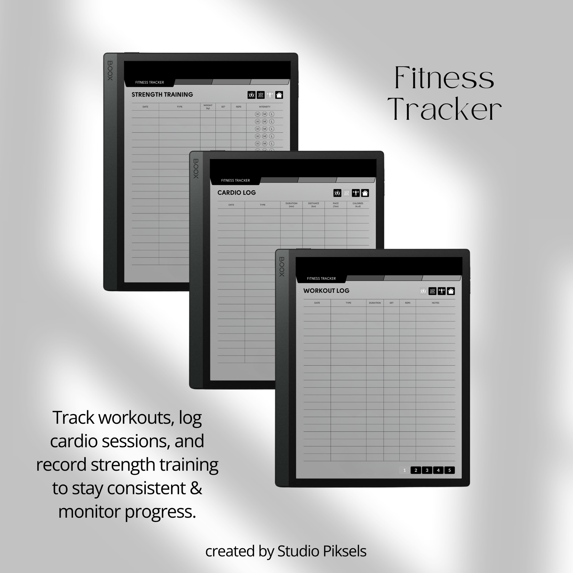 Hyperlinked Fitness and Health Planner for BOOX featuring workout logs, body measurement tracking, nutrition planning, habit trackers, and monochrome PDF layouts for e-ink devices.