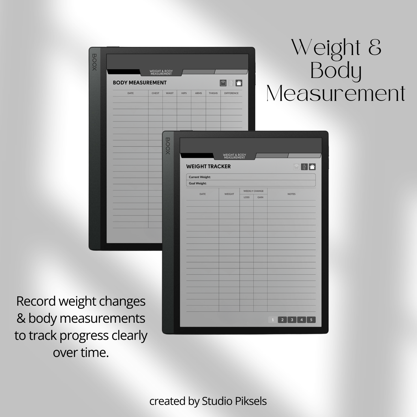 Hyperlinked Fitness and Health Planner for BOOX featuring workout logs, body measurement tracking, nutrition planning, habit trackers, and monochrome PDF layouts for e-ink devices.