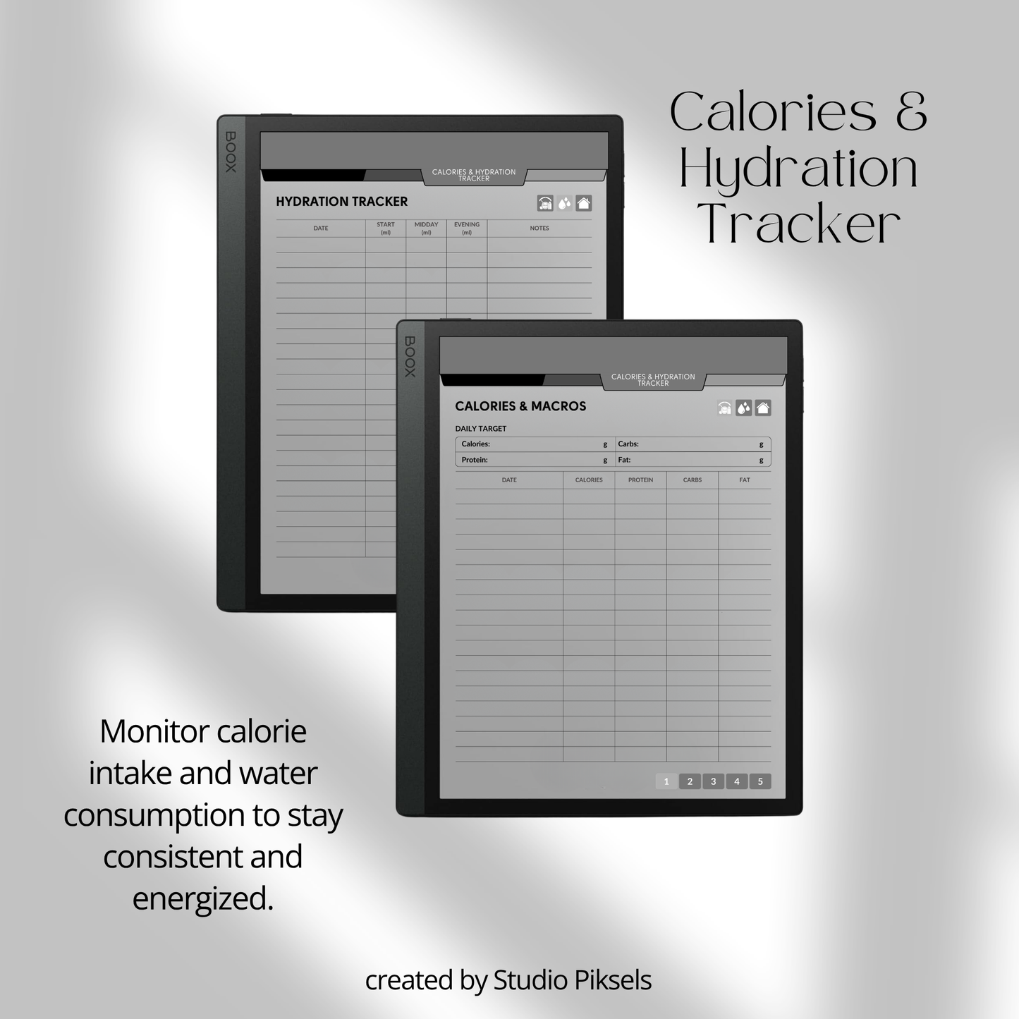 Hyperlinked Fitness and Health Planner for BOOX featuring workout logs, body measurement tracking, nutrition planning, habit trackers, and monochrome PDF layouts for e-ink devices.