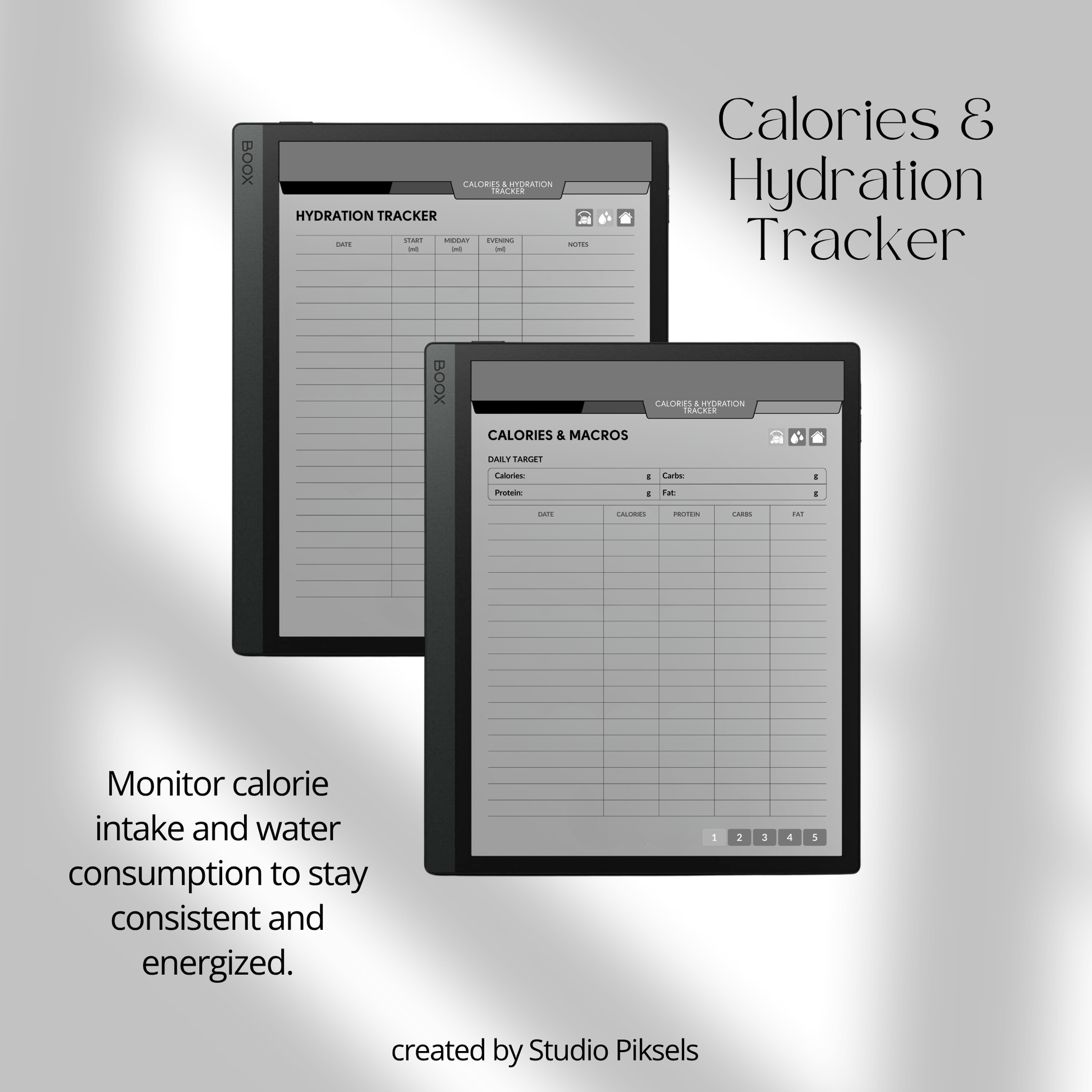 Hyperlinked Fitness and Health Planner for BOOX featuring workout logs, body measurement tracking, nutrition planning, habit trackers, and monochrome PDF layouts for e-ink devices.