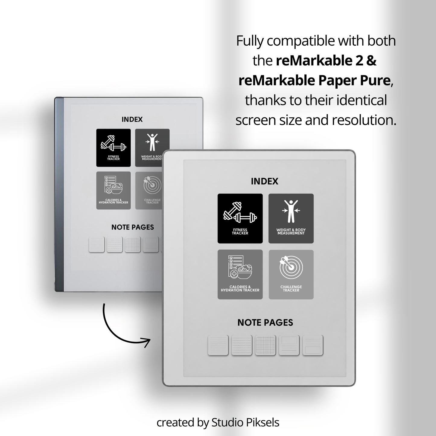 Hyperlinked Fitness and Health Planner for reMarkable 2 and reMarkable Paper Pure featuring workout logs, body measurements, nutrition tracking, habit trackers, and monochrome PDF layouts.