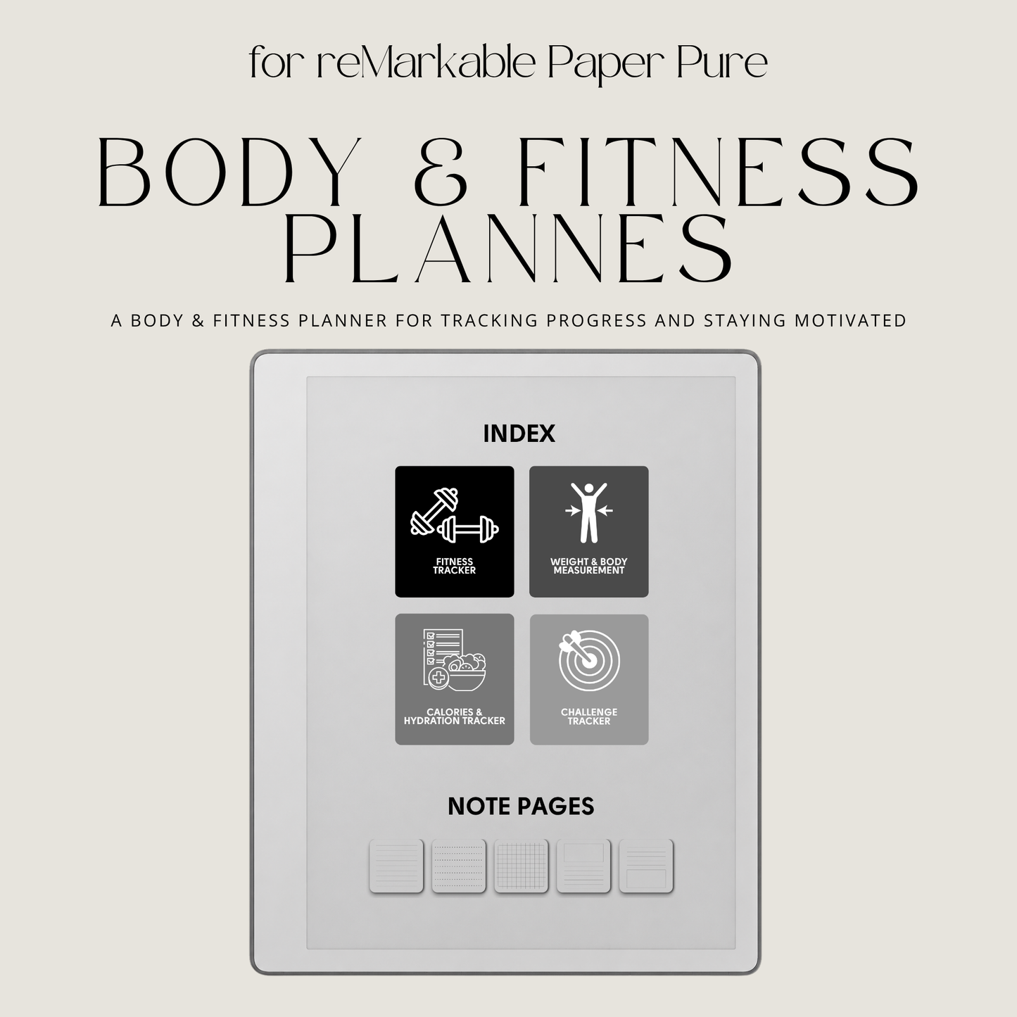 Hyperlinked Fitness and Health Planner for reMarkable 2 and reMarkable Paper Pure featuring workout logs, body measurements, nutrition tracking, habit trackers, and monochrome PDF layouts.