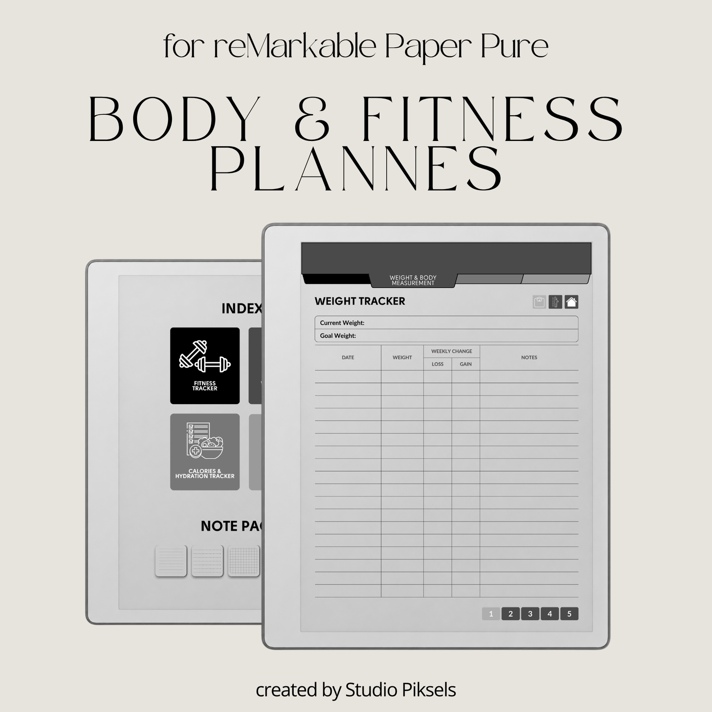 Hyperlinked Fitness and Health Planner for reMarkable 2 and reMarkable Paper Pure featuring workout logs, body measurements, nutrition tracking, habit trackers, and monochrome PDF layouts.