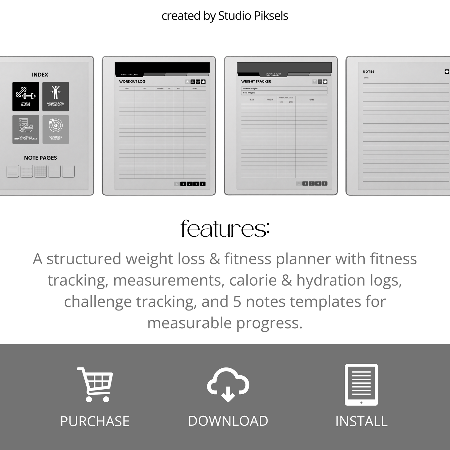 Hyperlinked Fitness and Health Planner for reMarkable 2 and reMarkable Paper Pure featuring workout logs, body measurements, nutrition tracking, habit trackers, and monochrome PDF layouts.