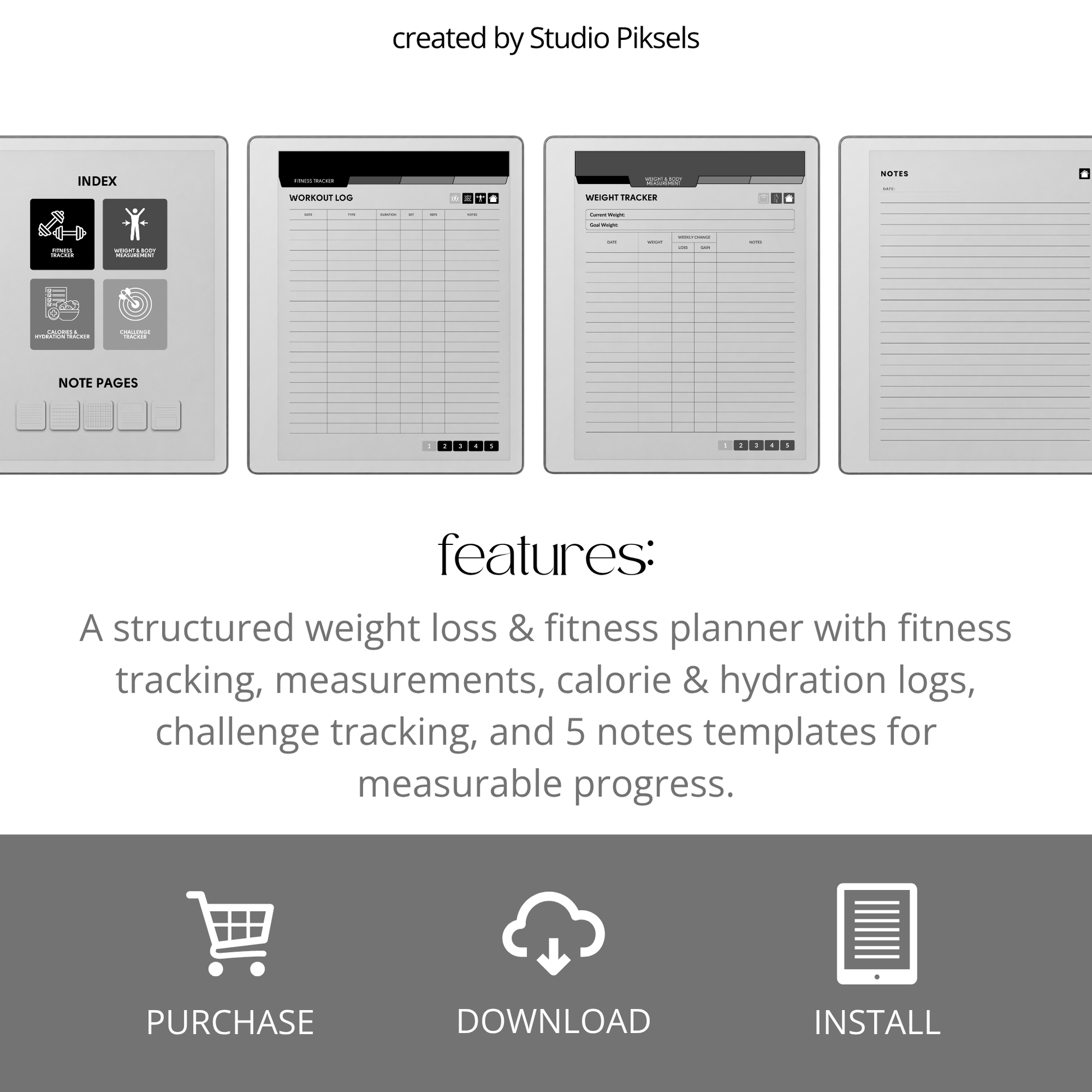 Hyperlinked Fitness and Health Planner for reMarkable 2 and reMarkable Paper Pure featuring workout logs, body measurements, nutrition tracking, habit trackers, and monochrome PDF layouts.