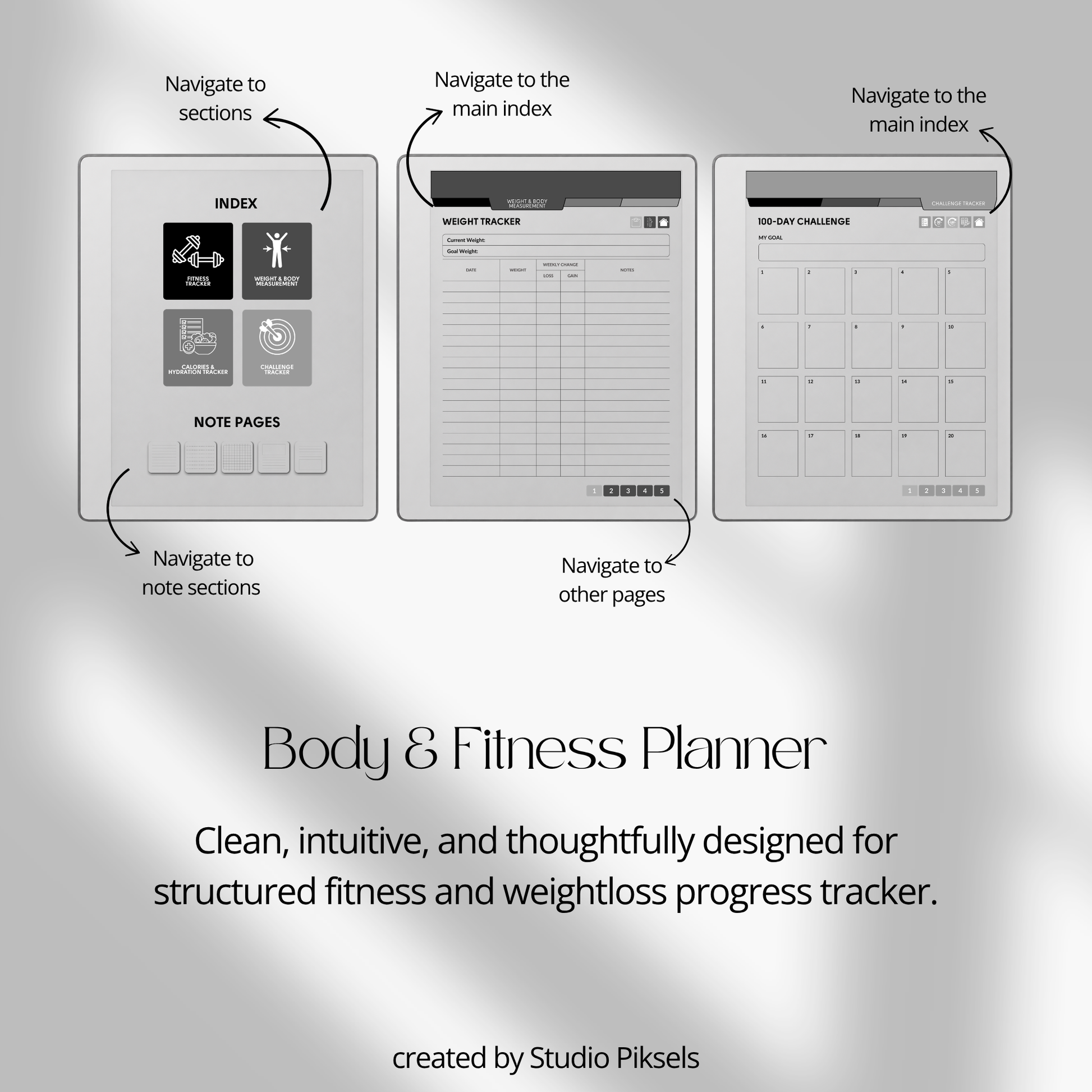 Hyperlinked Fitness and Health Planner for reMarkable 2 and reMarkable Paper Pure featuring workout logs, body measurements, nutrition tracking, habit trackers, and monochrome PDF layouts.