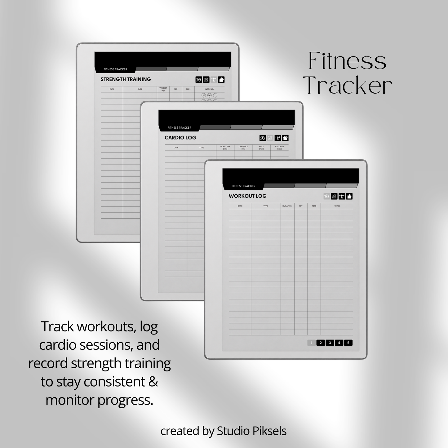 Hyperlinked Fitness and Health Planner for reMarkable 2 and reMarkable Paper Pure featuring workout logs, body measurements, nutrition tracking, habit trackers, and monochrome PDF layouts.
