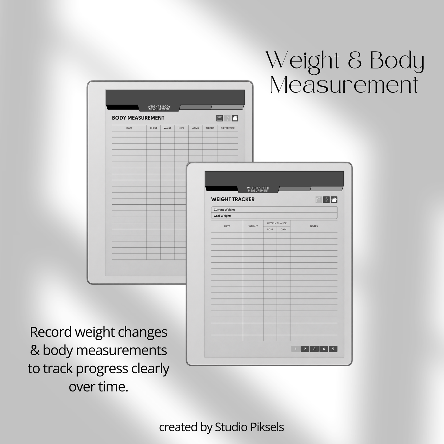 Hyperlinked Fitness and Health Planner for reMarkable 2 and reMarkable Paper Pure featuring workout logs, body measurements, nutrition tracking, habit trackers, and monochrome PDF layouts.