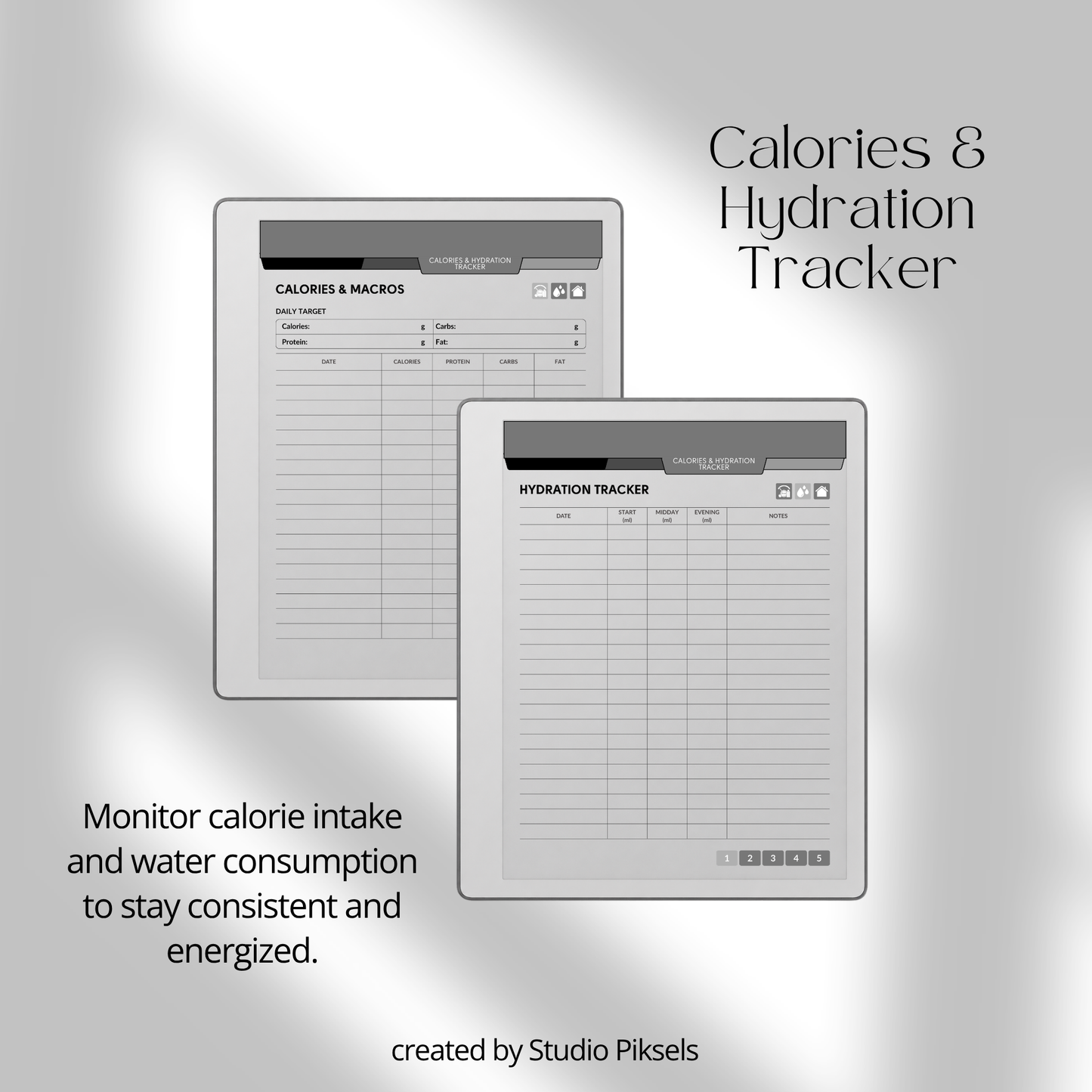 Hyperlinked Fitness and Health Planner for reMarkable 2 and reMarkable Paper Pure featuring workout logs, body measurements, nutrition tracking, habit trackers, and monochrome PDF layouts.