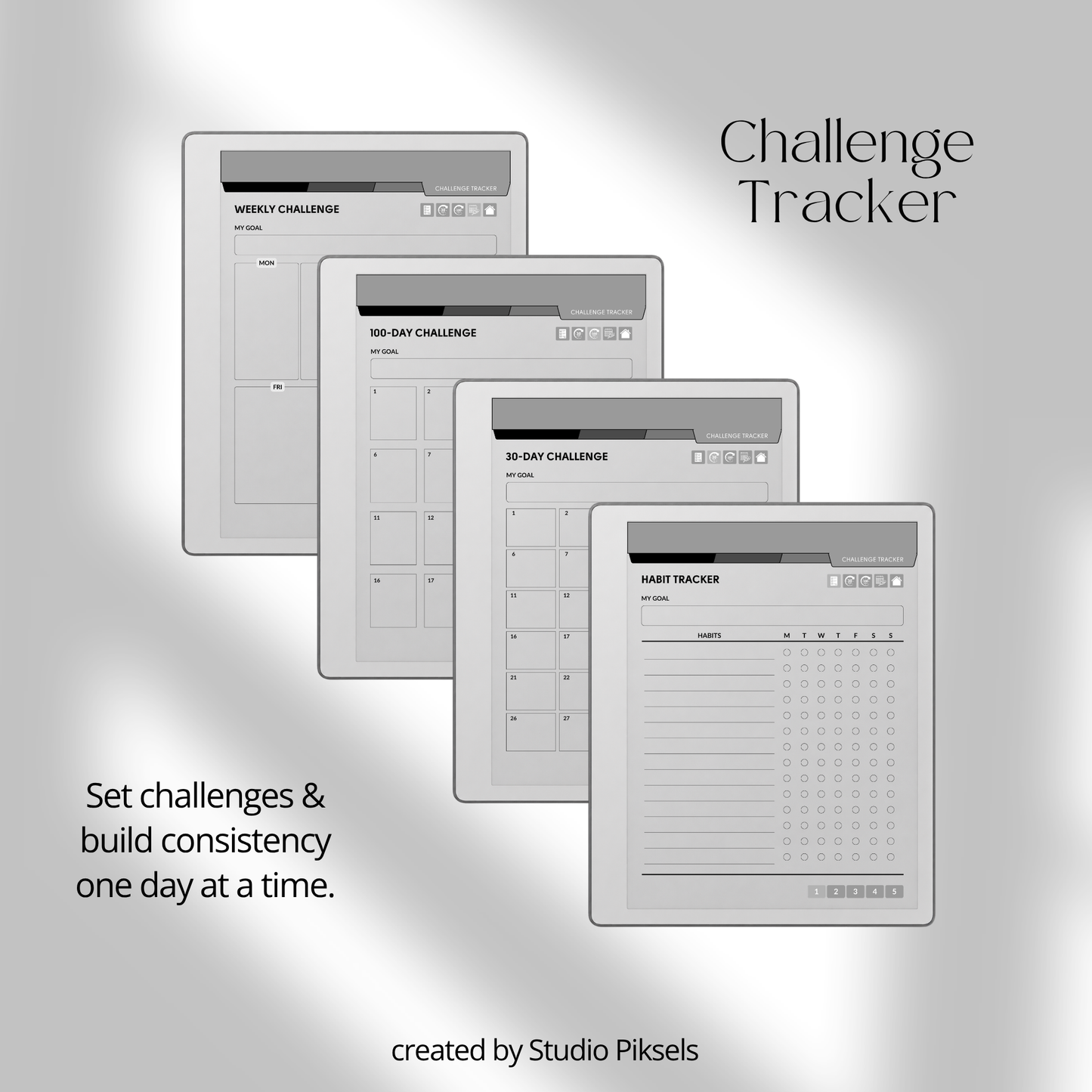 Hyperlinked Fitness and Health Planner for reMarkable 2 and reMarkable Paper Pure featuring workout logs, body measurements, nutrition tracking, habit trackers, and monochrome PDF layouts.