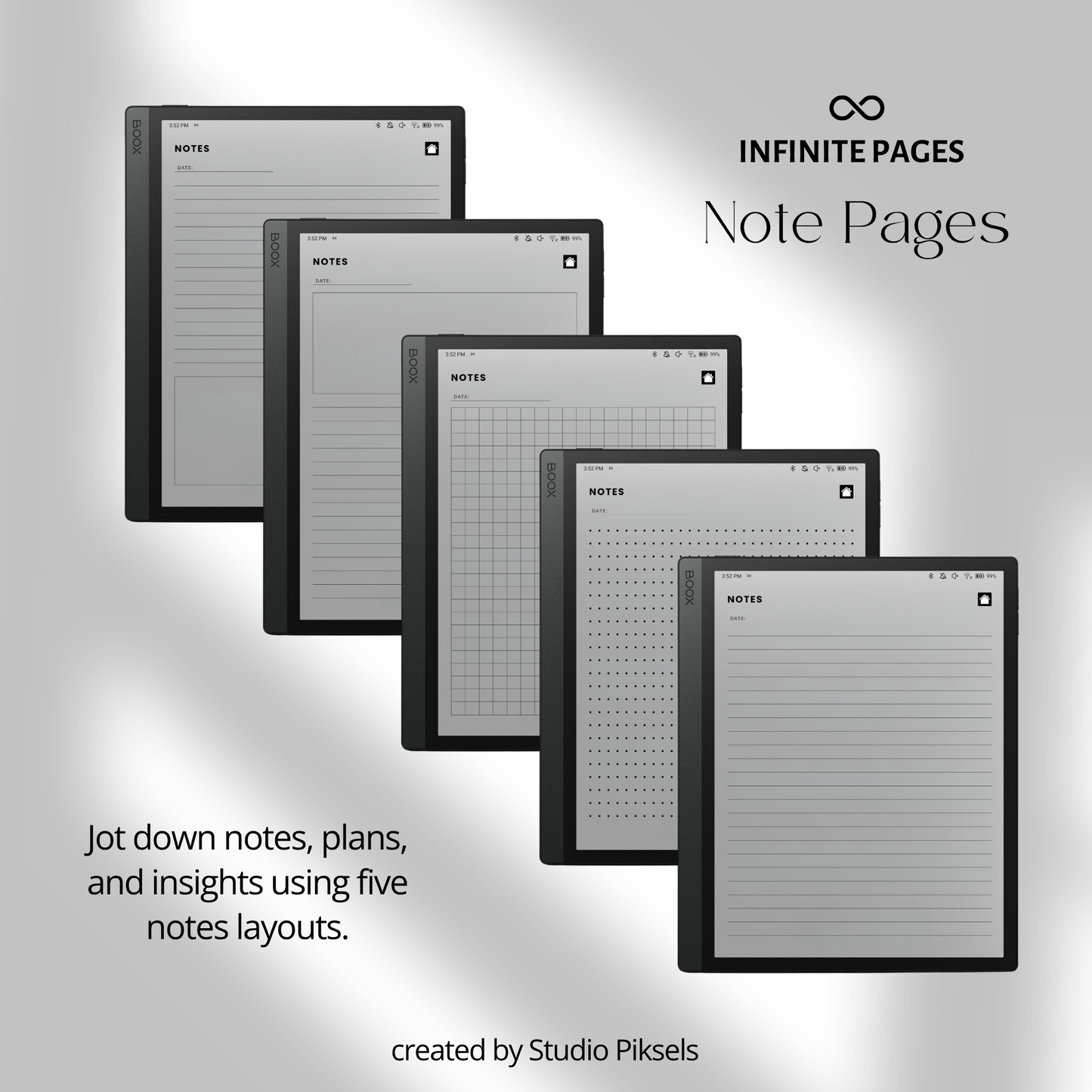 Hyperlinked Fitness and Health Planner for BOOX featuring workout logs, body measurement tracking, nutrition planning, habit trackers, and monochrome PDF layouts for e-ink devices.