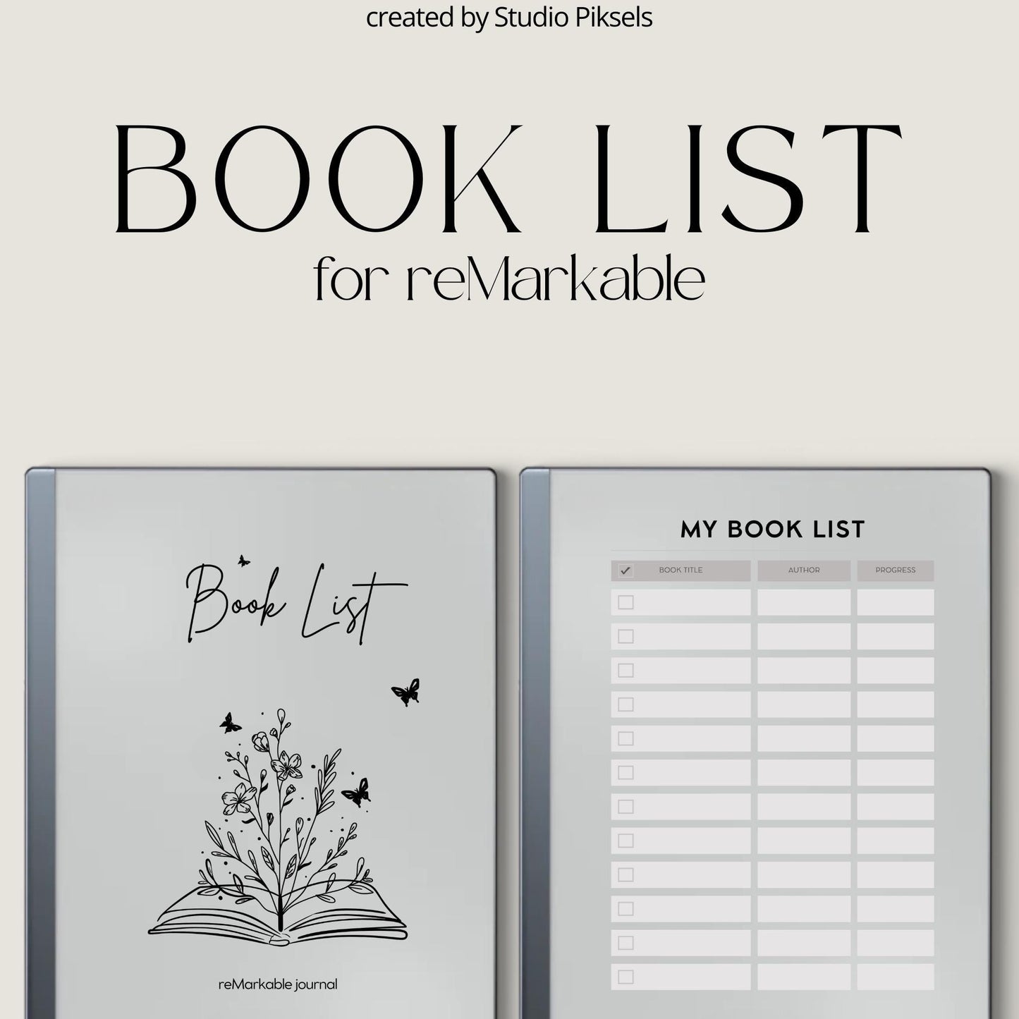 Book List for reMarkable 2 and reMarkable Paper Pure featuring reusable digital reading tracker pages with book title, author, and progress sections.