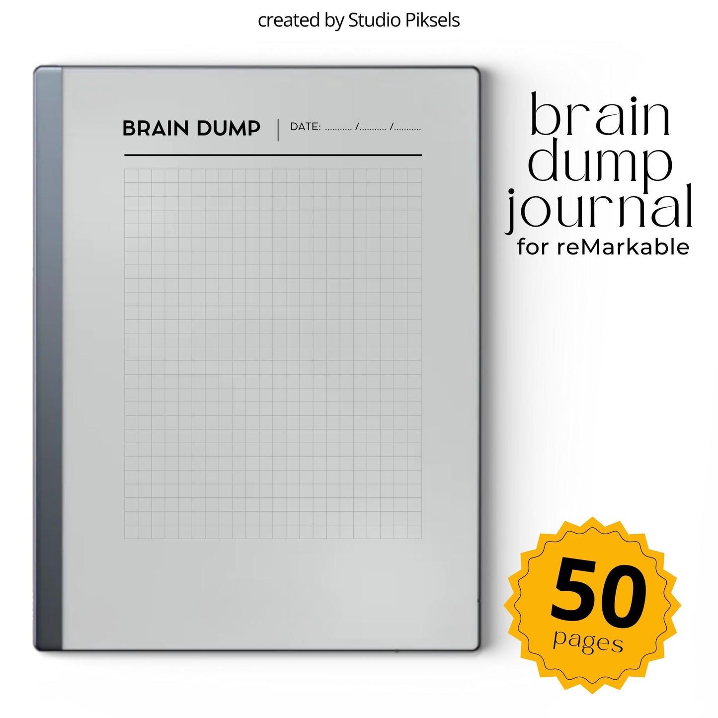 Brain Dump Notebook for reMarkable 2 and reMarkable Paper Pure featuring 50 minimalist grid notebook pages for brainstorming, planning, and digital note-taking