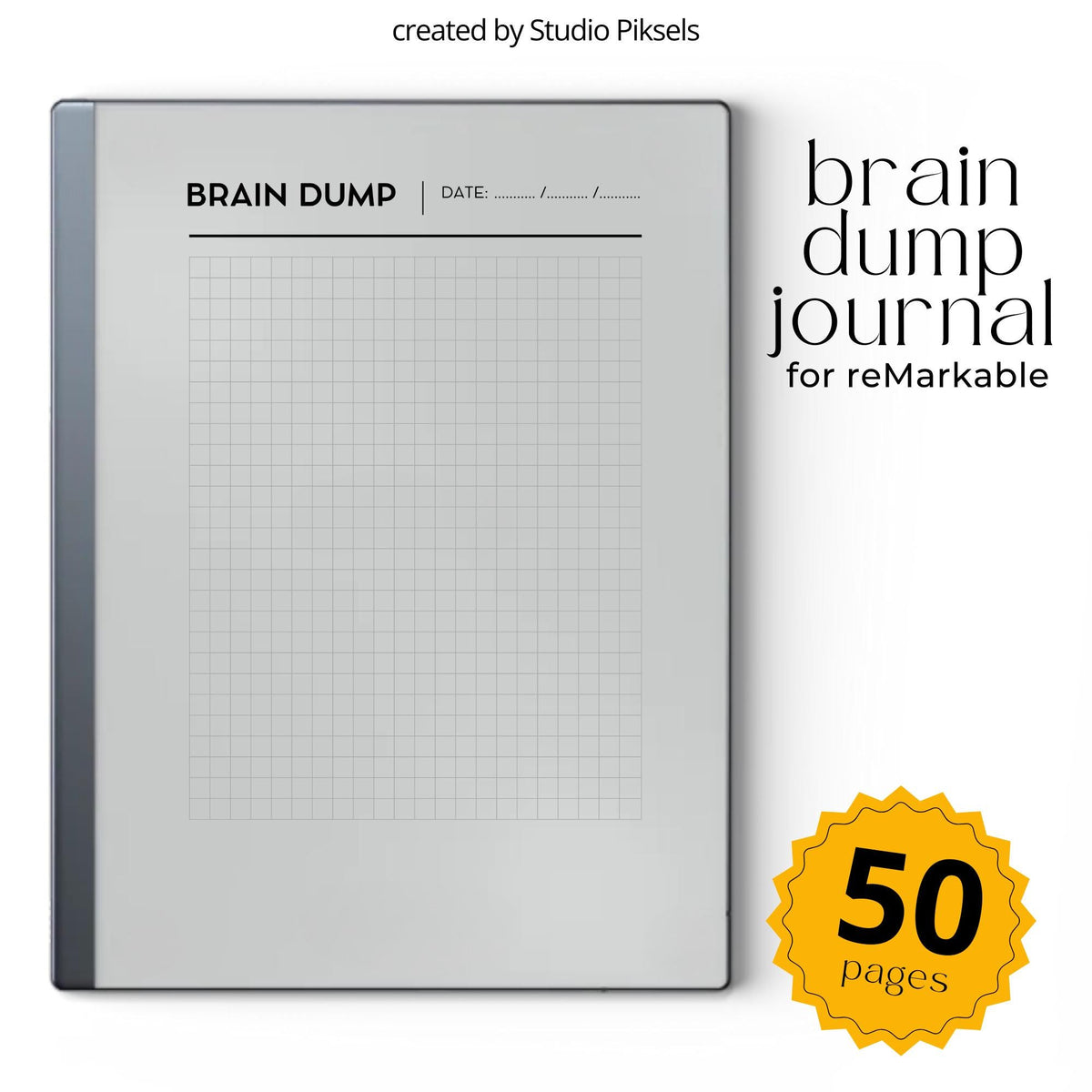 Brain Dump Notebook for reMarkable 2 and reMarkable Paper Pure featuring 50 minimalist grid notebook pages for brainstorming, planning, and digital note-taking