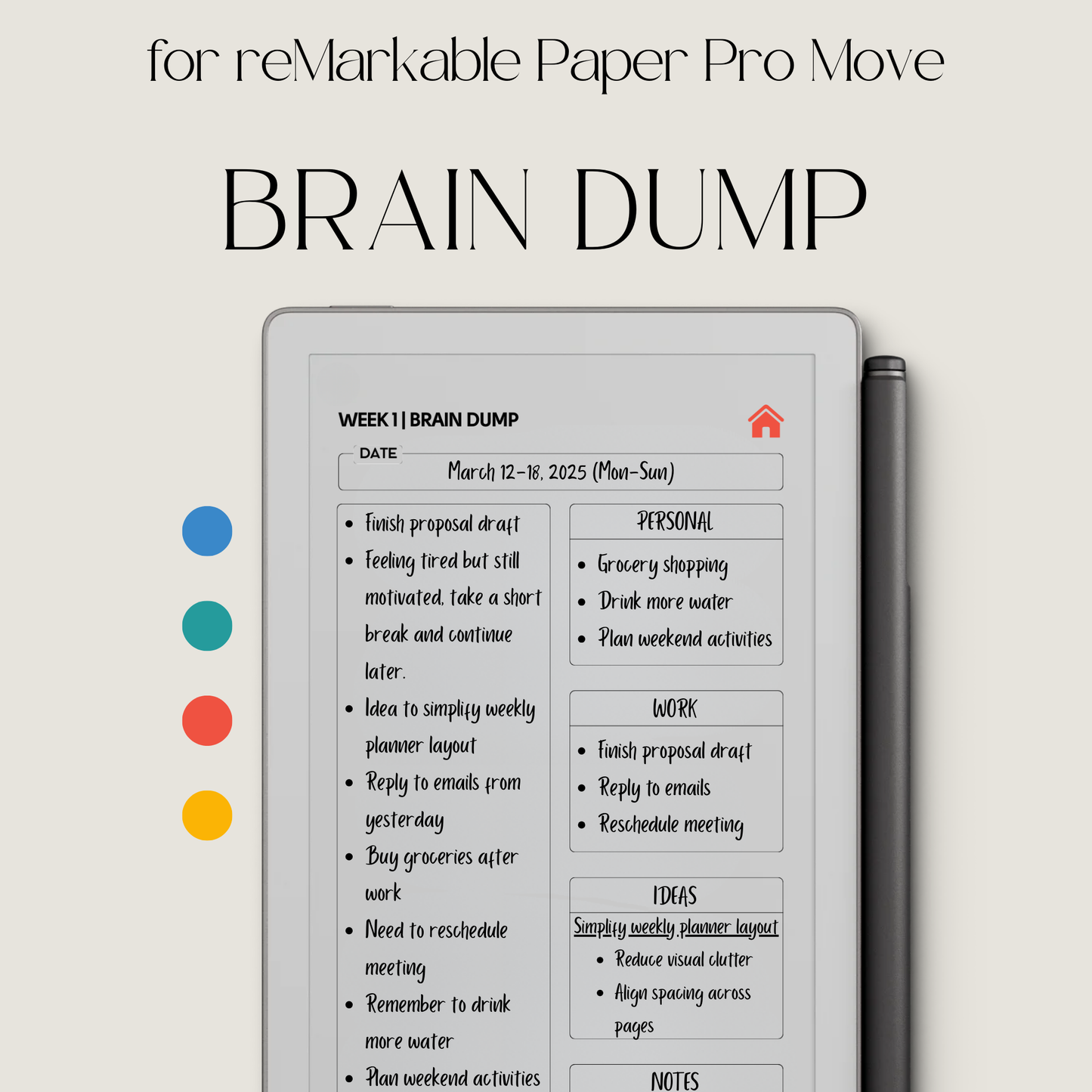 Hyperlinked brain dump journal PDF for reMarkable Paper Pro Move with weekly overview layout and checklist pages.