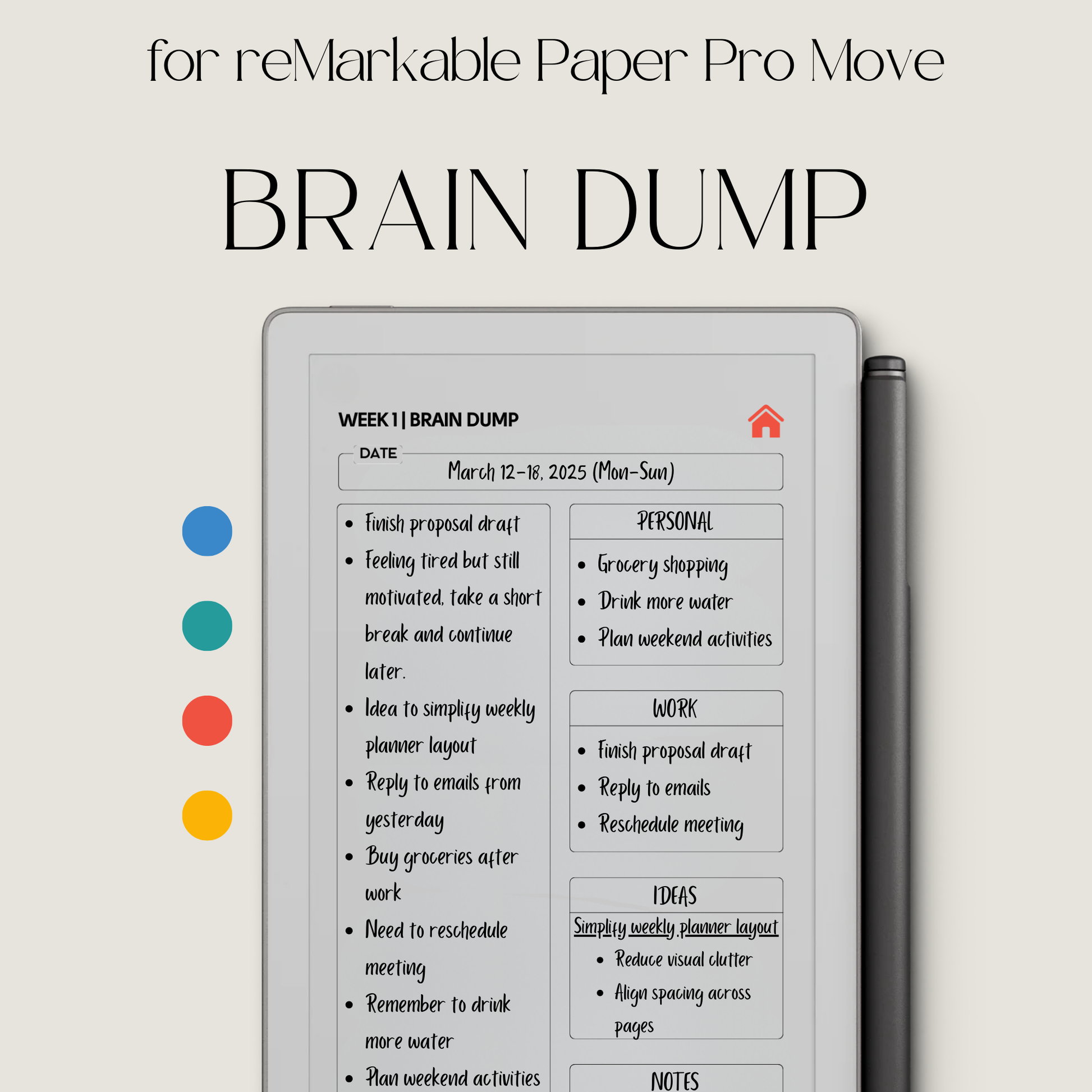 Hyperlinked brain dump journal PDF for reMarkable Paper Pro Move with weekly overview layout and checklist pages.