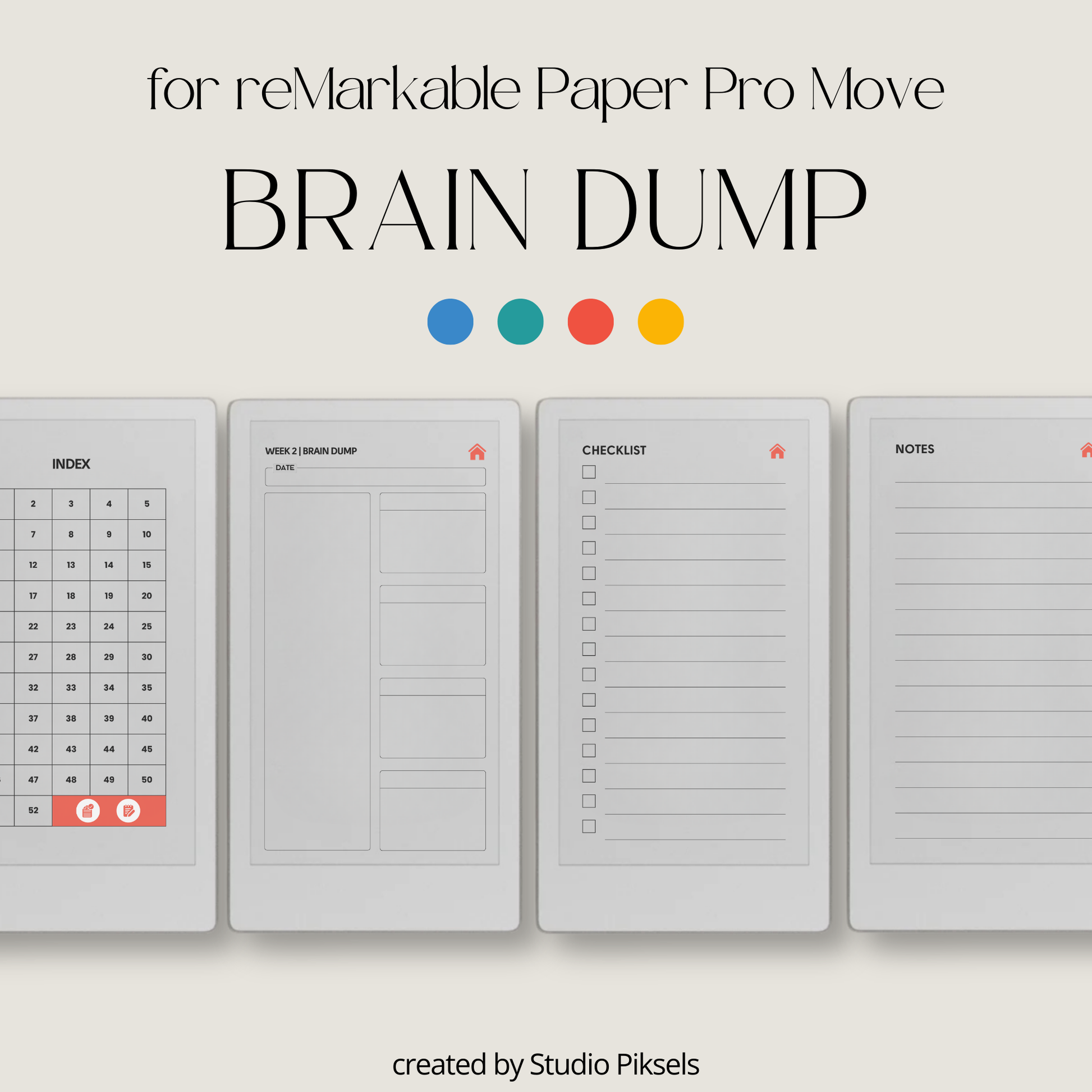 Hyperlinked brain dump journal PDF for reMarkable Paper Pro Move with weekly overview layout and checklist pages.