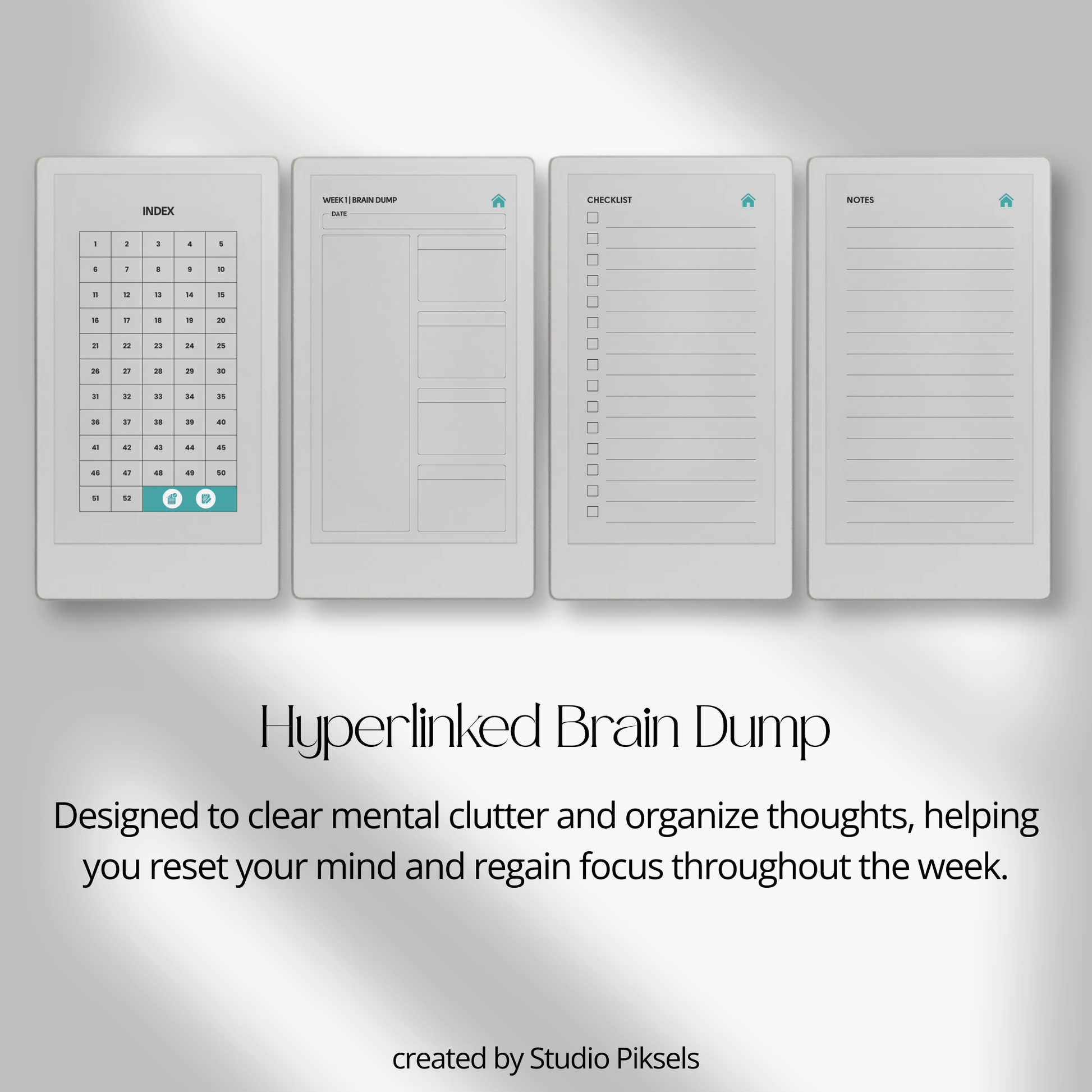 Hyperlinked brain dump journal PDF for reMarkable Paper Pro Move with weekly overview layout and checklist pages.