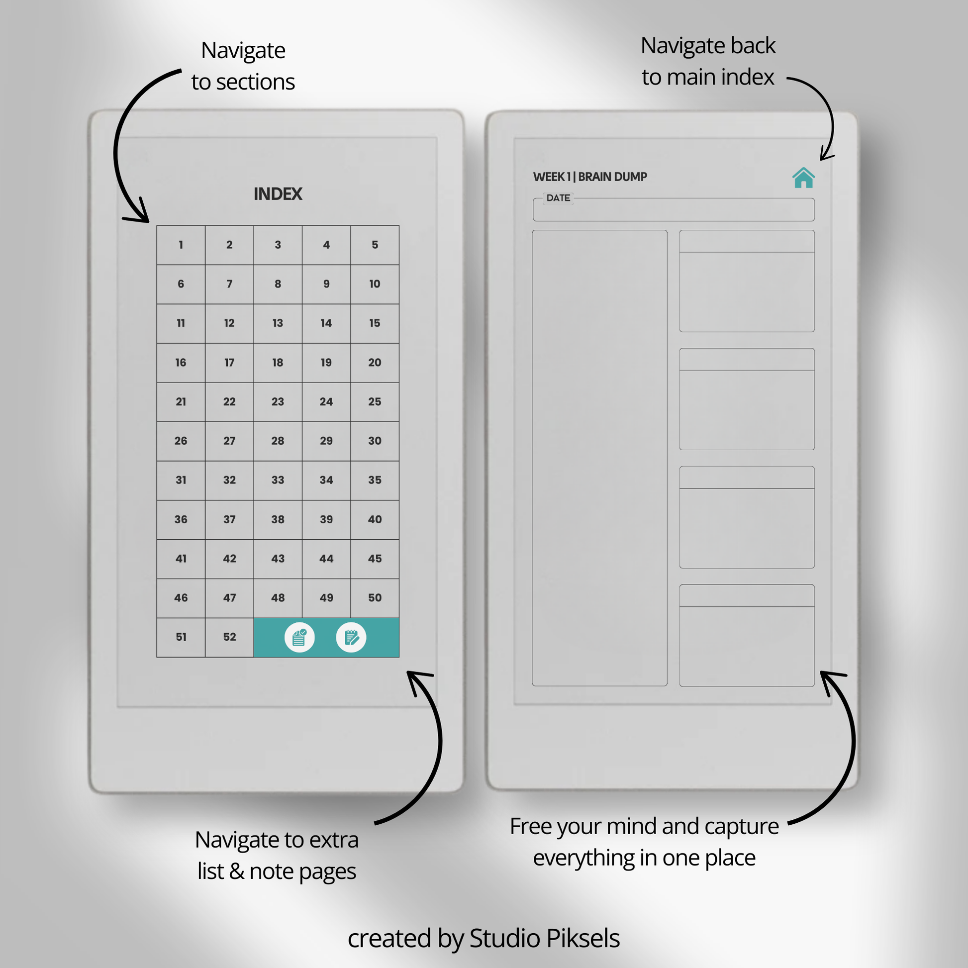 Hyperlinked brain dump journal PDF for reMarkable Paper Pro Move with weekly overview layout and checklist pages.