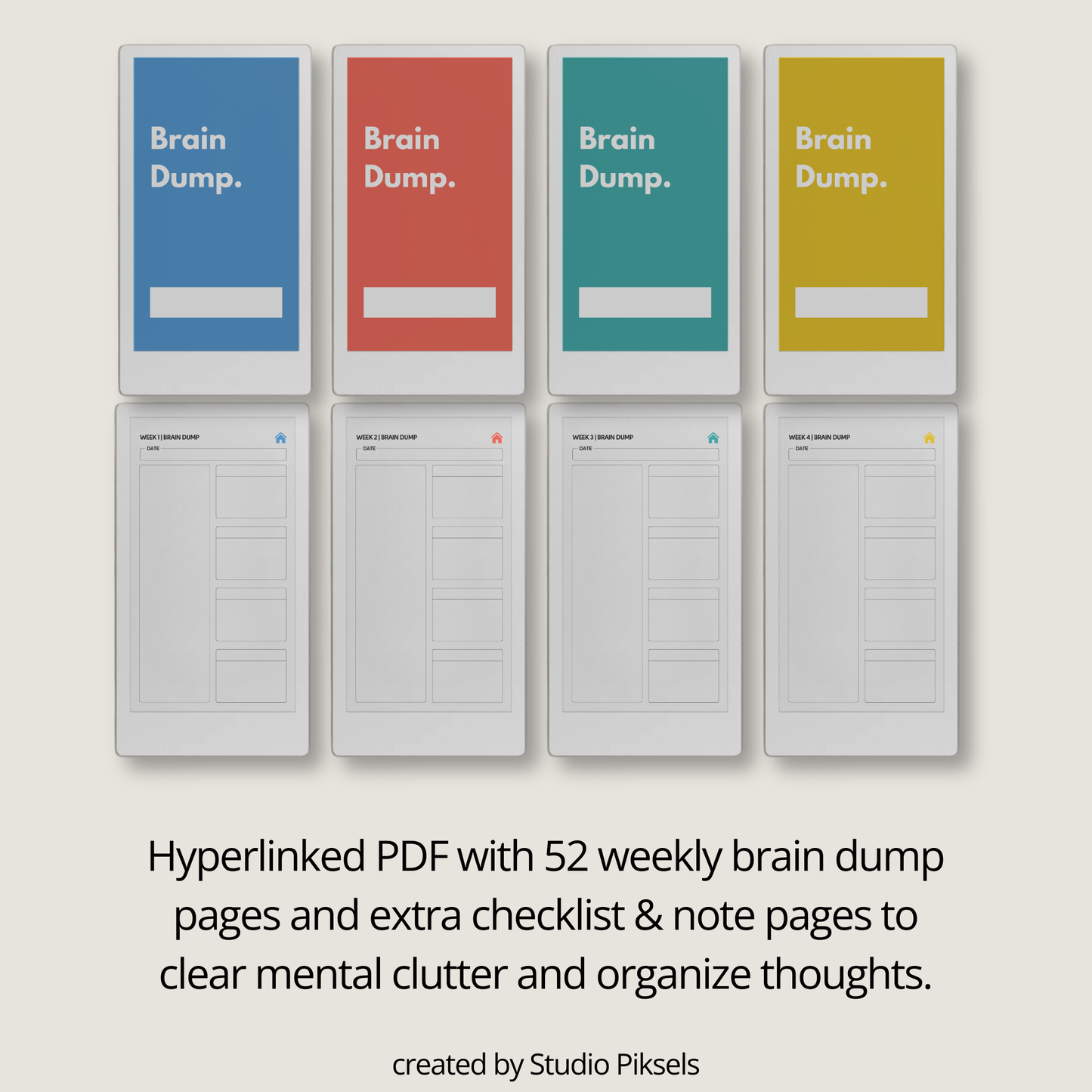 Hyperlinked brain dump journal PDF for reMarkable Paper Pro Move with weekly overview layout and checklist pages.