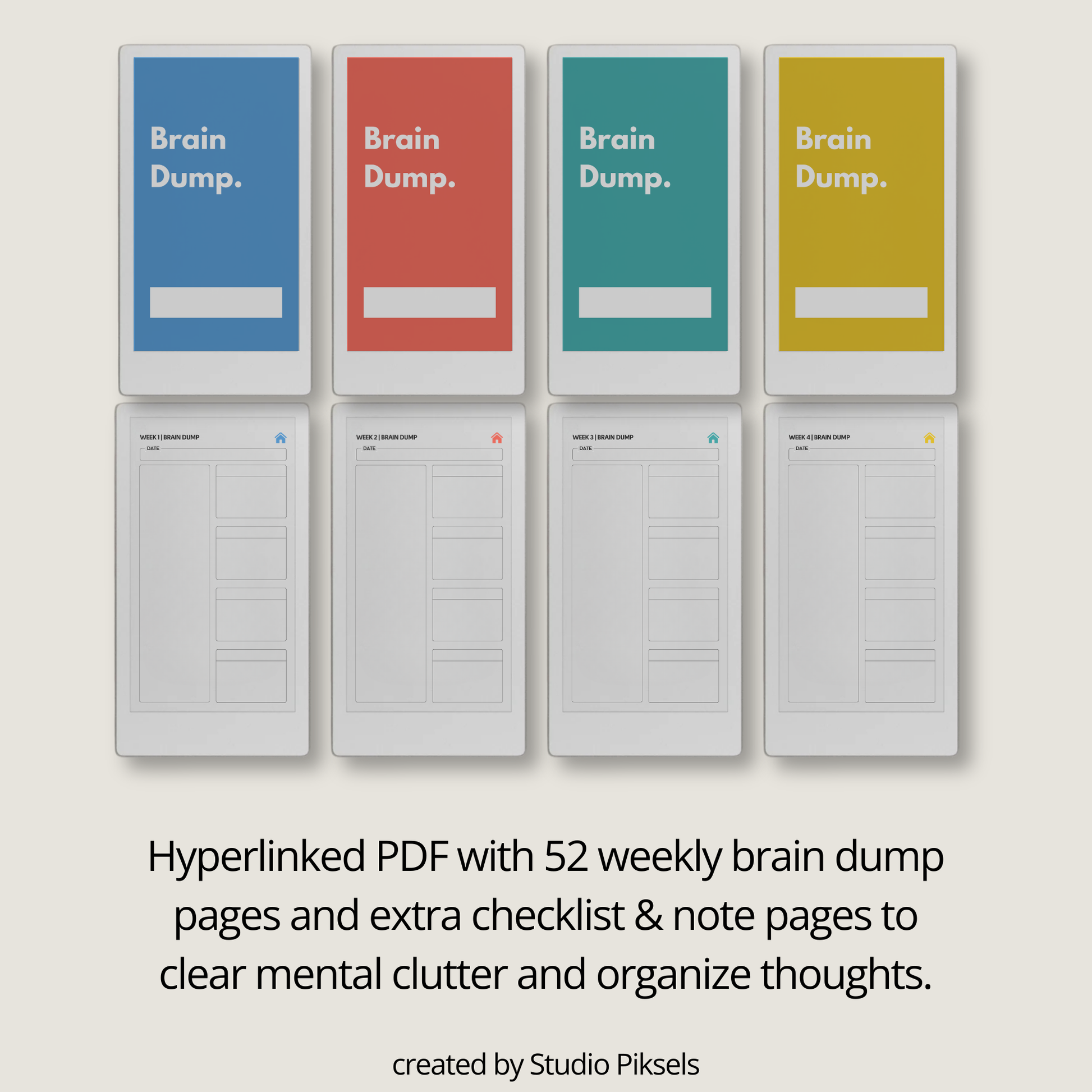 Hyperlinked brain dump journal PDF for reMarkable Paper Pro Move with weekly overview layout and checklist pages.