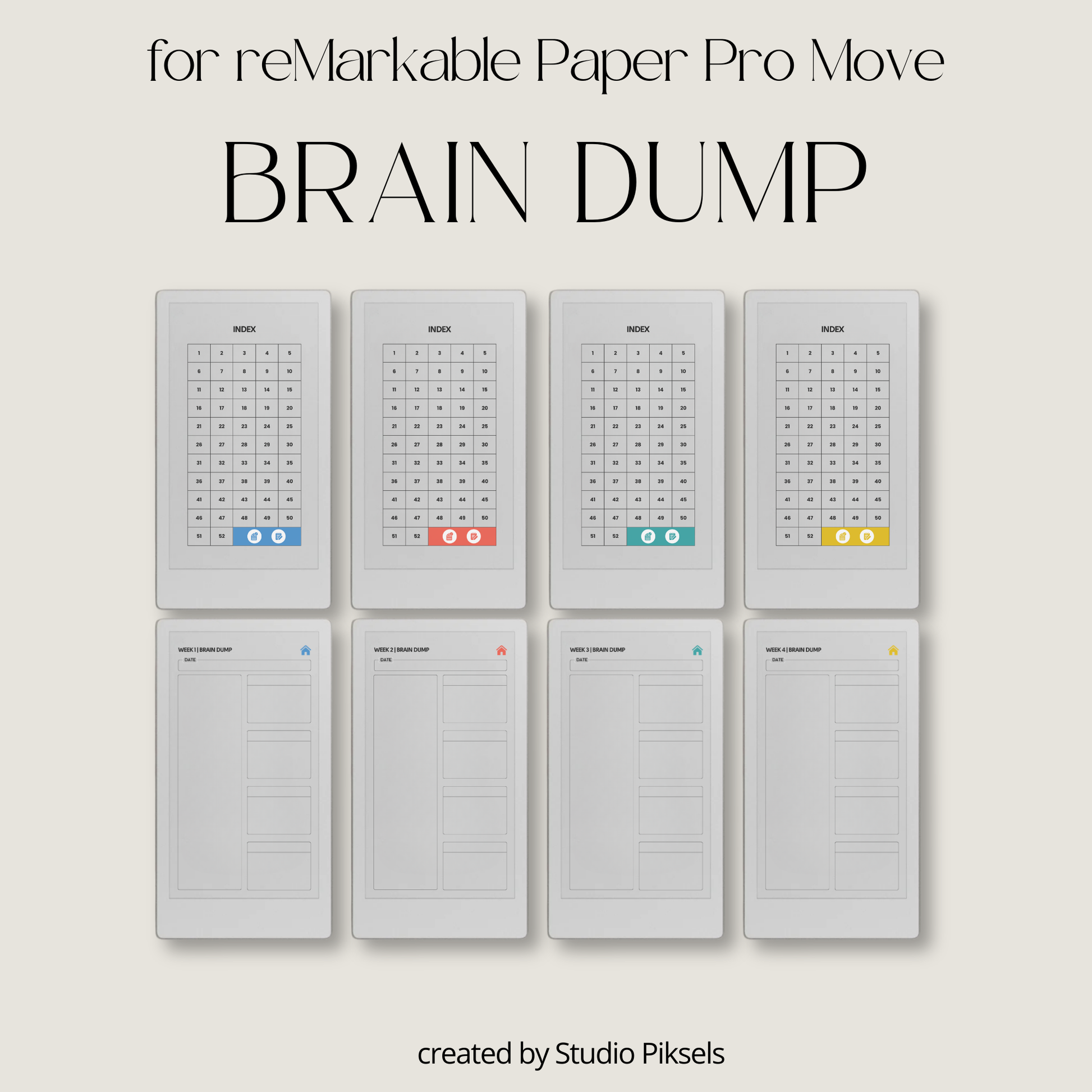Hyperlinked brain dump journal PDF for reMarkable Paper Pro Move with weekly overview layout and checklist pages.