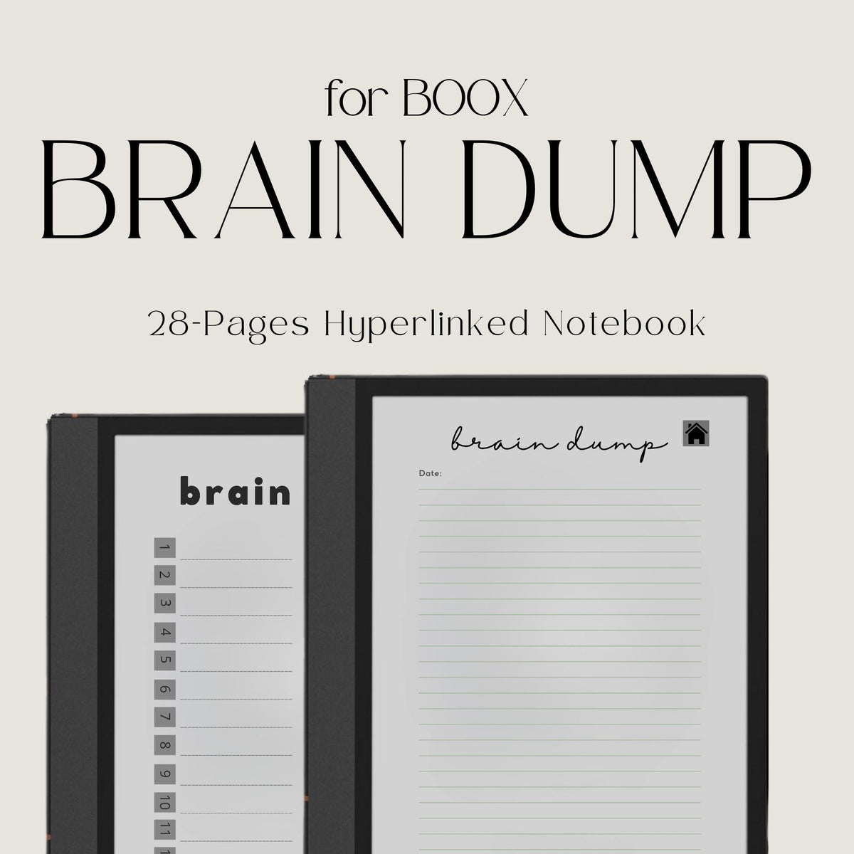 Brain Dump Notebook for BOOX Note with hyperlinked lined pages for brainstorming, planning, journaling, and digital note-taking.