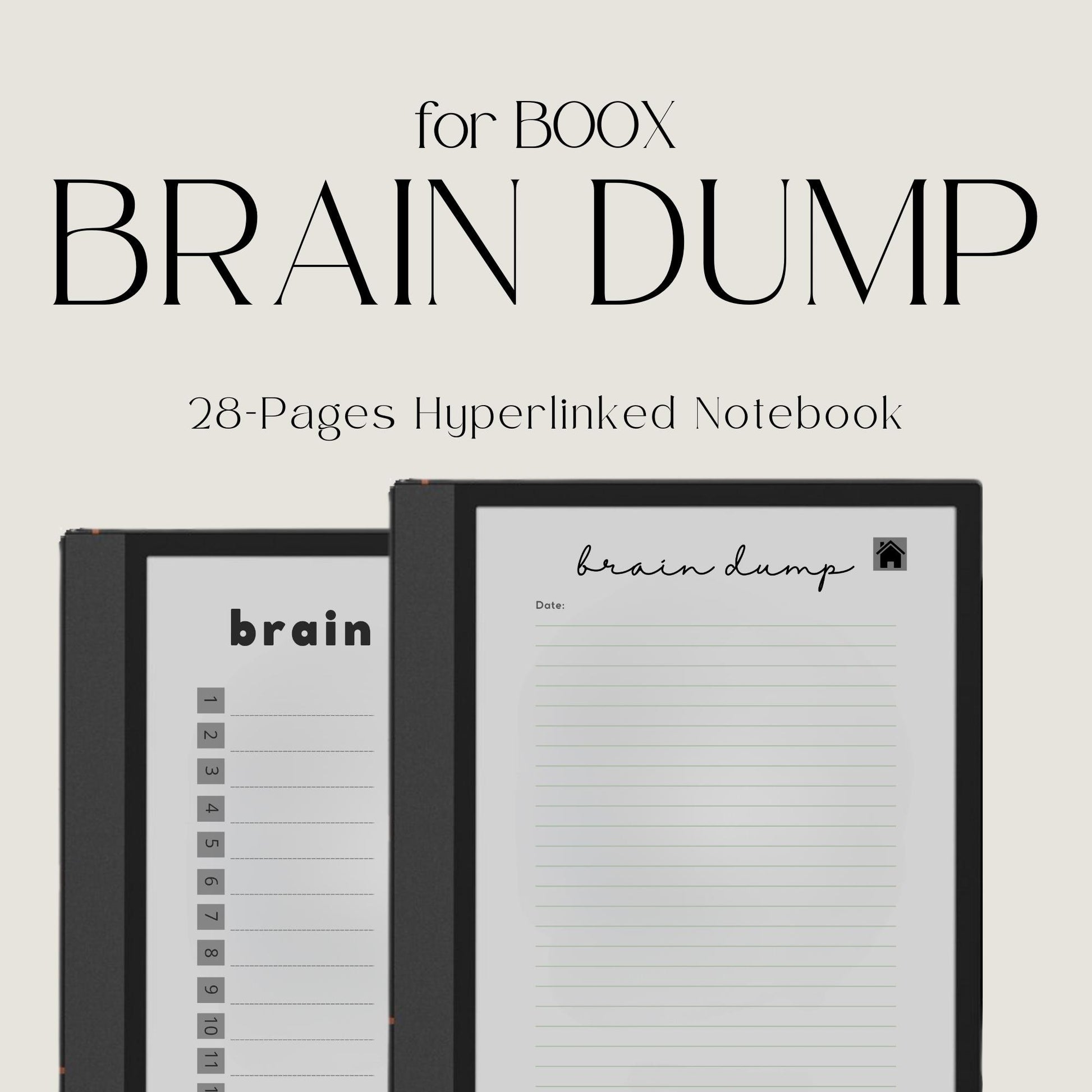 Brain Dump Notebook for BOOX Note with hyperlinked lined pages for brainstorming, planning, journaling, and digital note-taking.