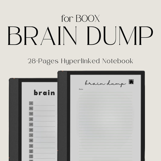 Brain Dump Notebook for BOOX Note with hyperlinked lined pages for brainstorming, planning, journaling, and digital note-taking.