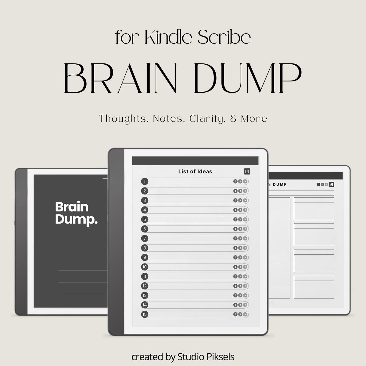 Brain Dump Notebook for Kindle Scribe featuring structured box layouts, lined list pages, open writing spaces, and hyperlinked navigation for brainstorming, planning, and digital note-taking.