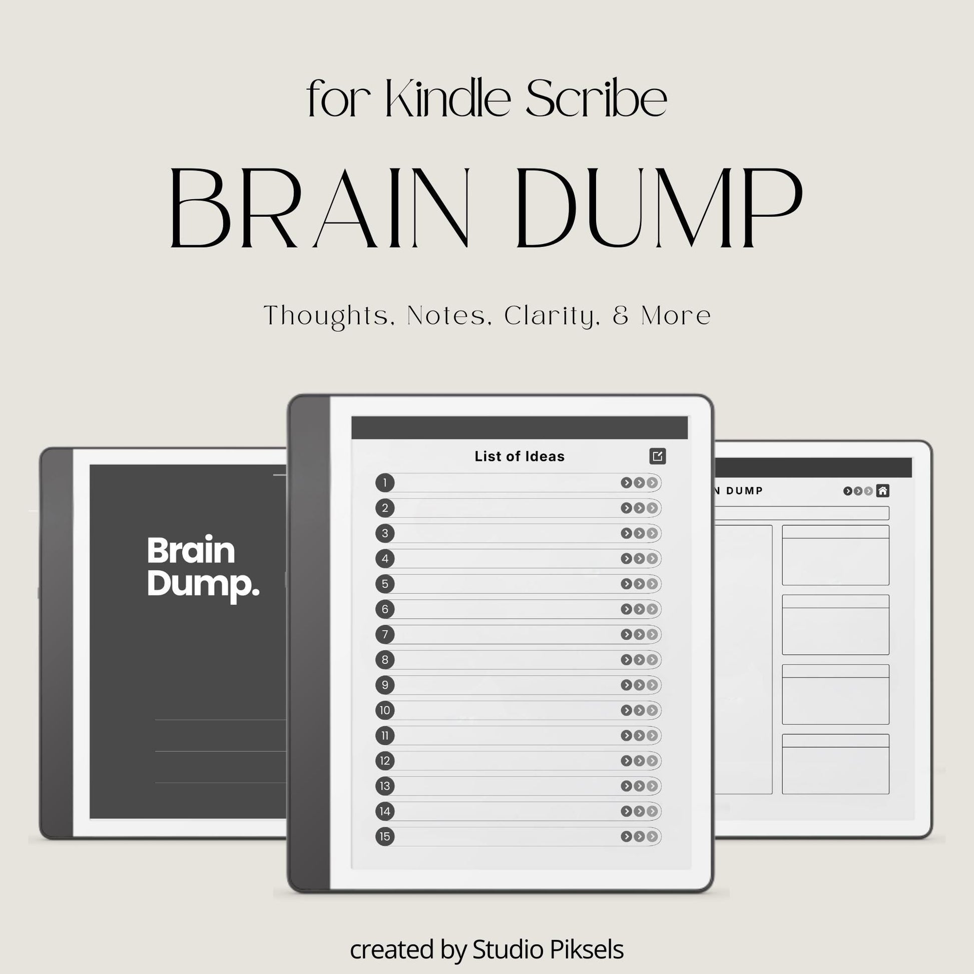 Brain Dump Notebook for Kindle Scribe featuring structured box layouts, lined list pages, open writing spaces, and hyperlinked navigation for brainstorming, planning, and digital note-taking.