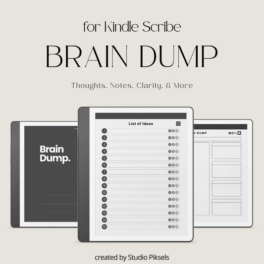 Brain Dump Notebook for Kindle Scribe featuring structured box layouts, lined list pages, open writing spaces, and hyperlinked navigation for brainstorming, planning, and digital note-taking.