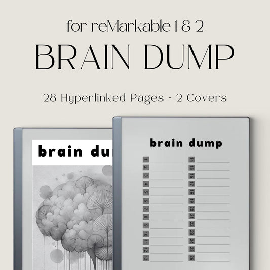Brain Dump Template for reMarkable 2 and reMarkable Paper Pure featuring hyperlinked lined pages, interactive index navigation, and two grayscale cover designs for productivity and brainstorming