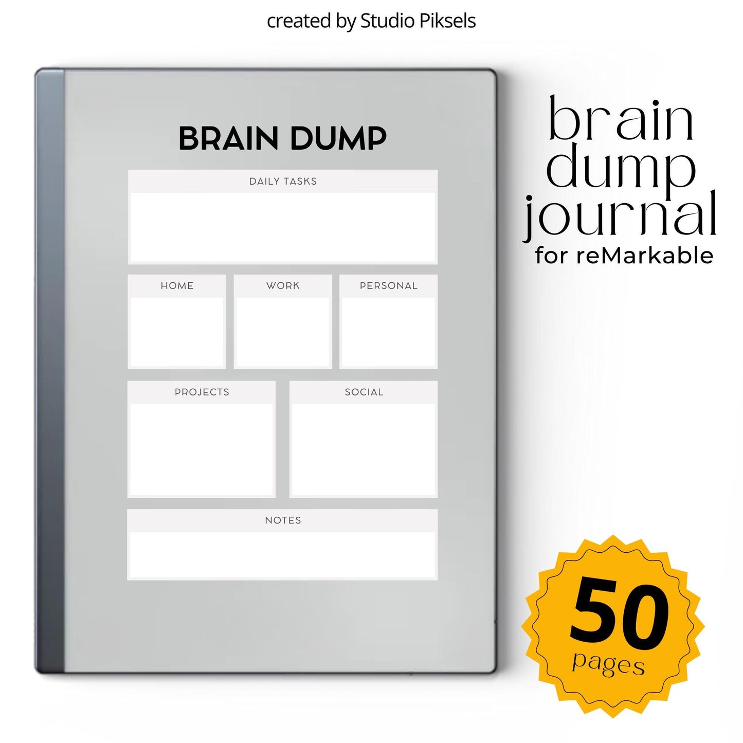 Brain Dump Notebook for reMarkable 2 and reMarkable Paper Pure featuring categorized productivity pages for daily tasks, projects, notes, and personal organization.