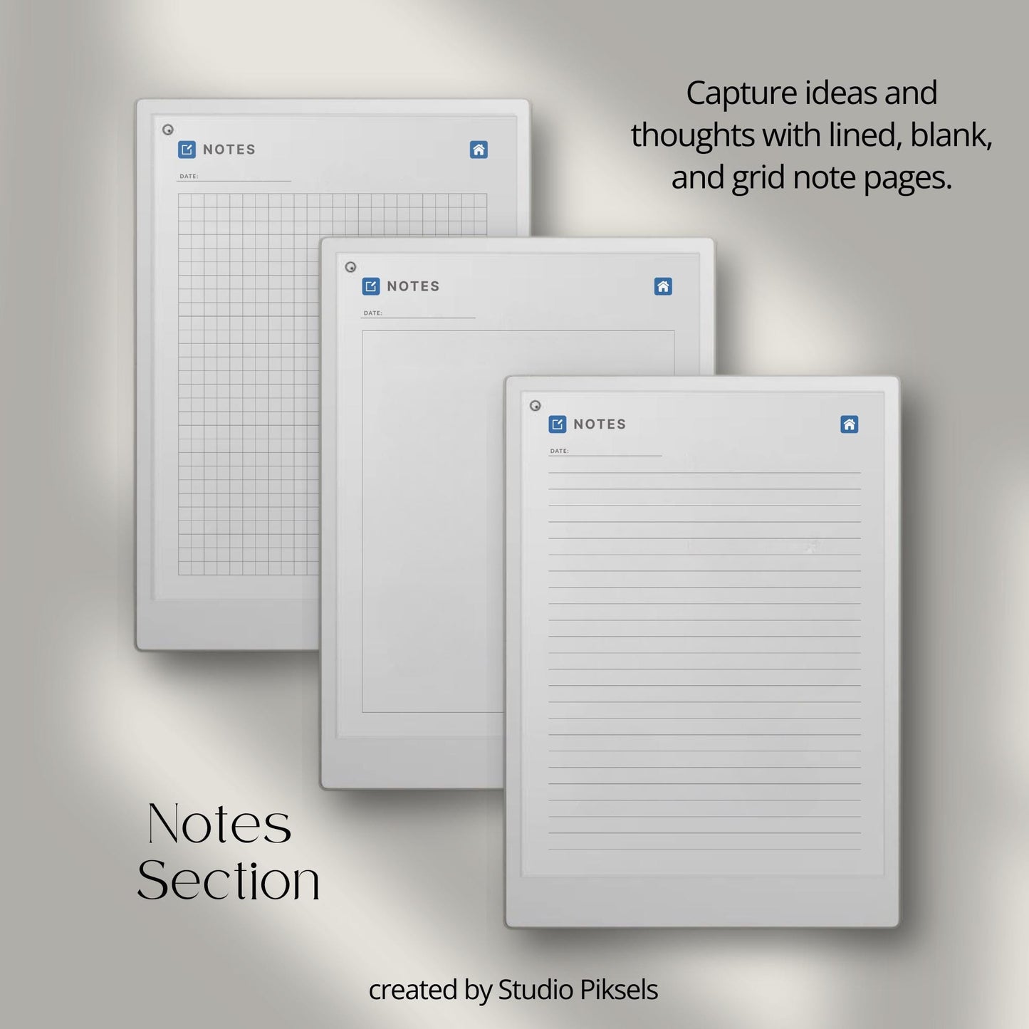 Brain dump notebook for reMarkable Paper Pro with structured, lined, and open layouts.