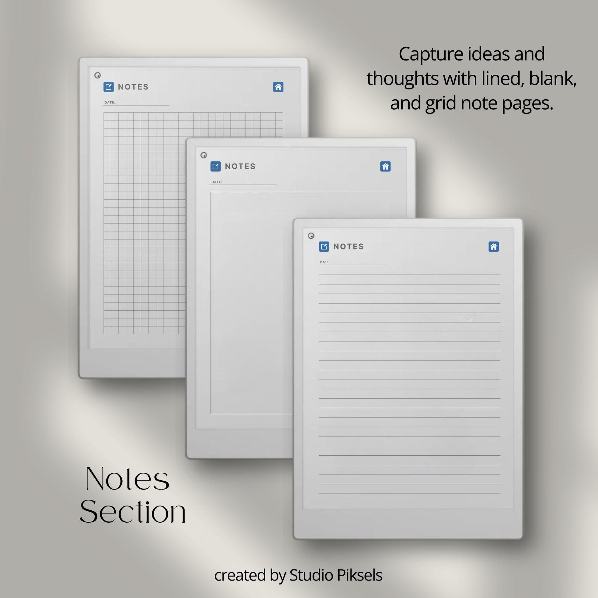 Brain dump notebook for reMarkable Paper Pro with structured, lined, and open layouts.