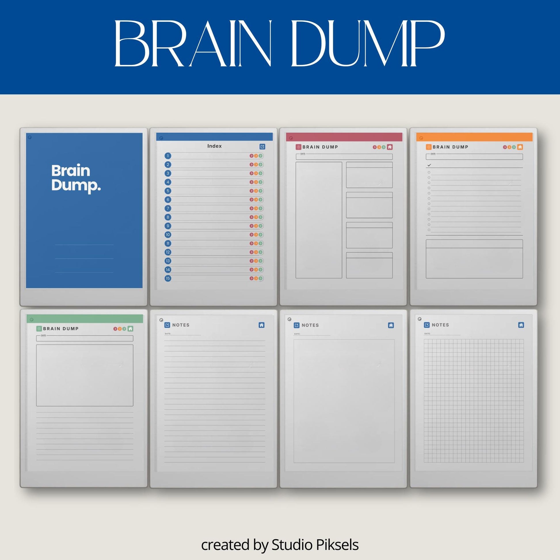 Brain dump notebook for reMarkable Paper Pro with structured, lined, and open layouts.