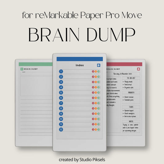 Hyperlinked brain dump notebook for reMarkable Paper Pro Move with list-style index and structured, lined, and open layouts.